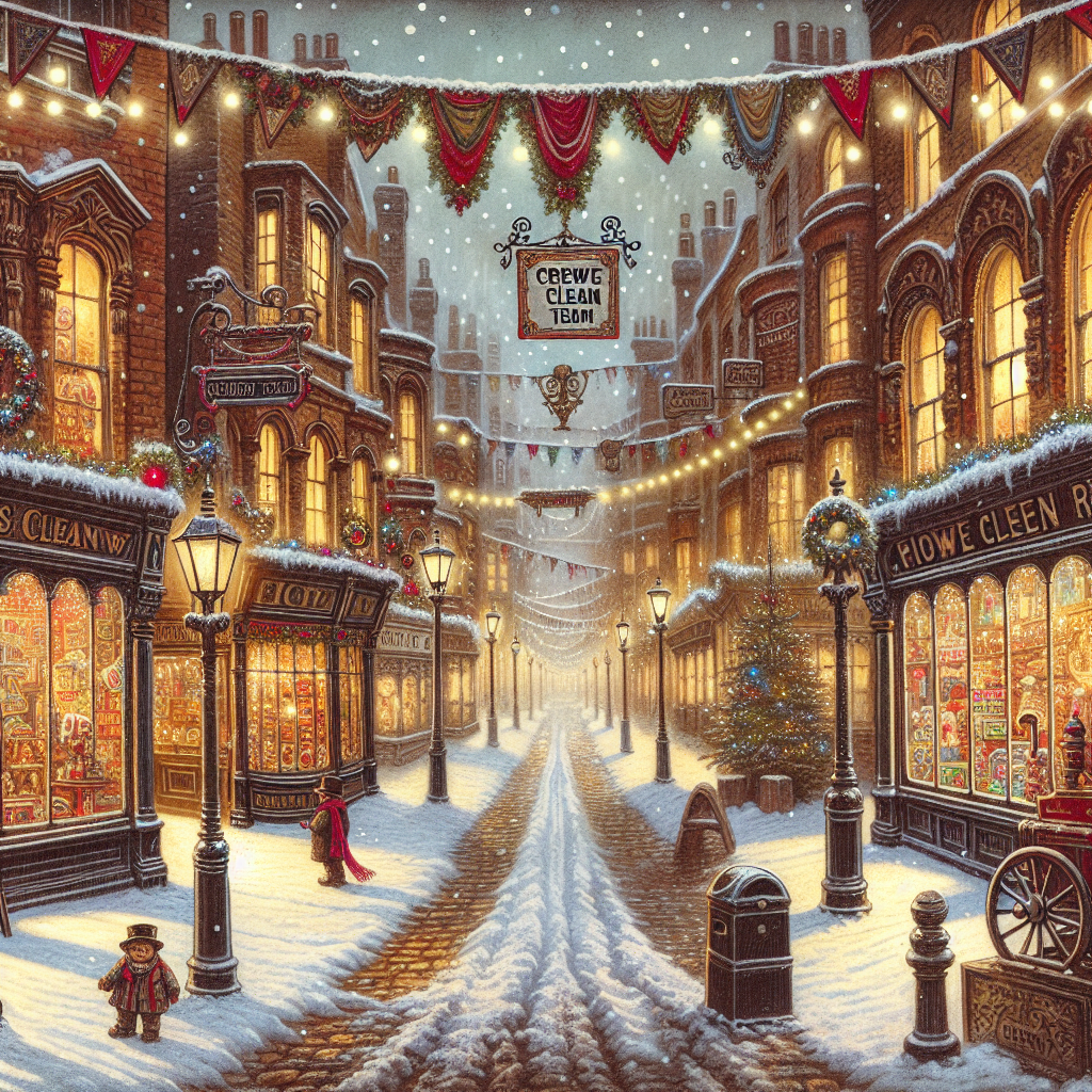 Drawing of a Victorian snow street scene with the Crewe Clean Team banner hanging across, all lit up for Christmas, surrounded by toyshops.
Generated with these interests: Victorian Snow Street Scene, Toyshop, and "Merry Christmas from Crewe Clean Team" banner.
Made with ❤️ by AI.
