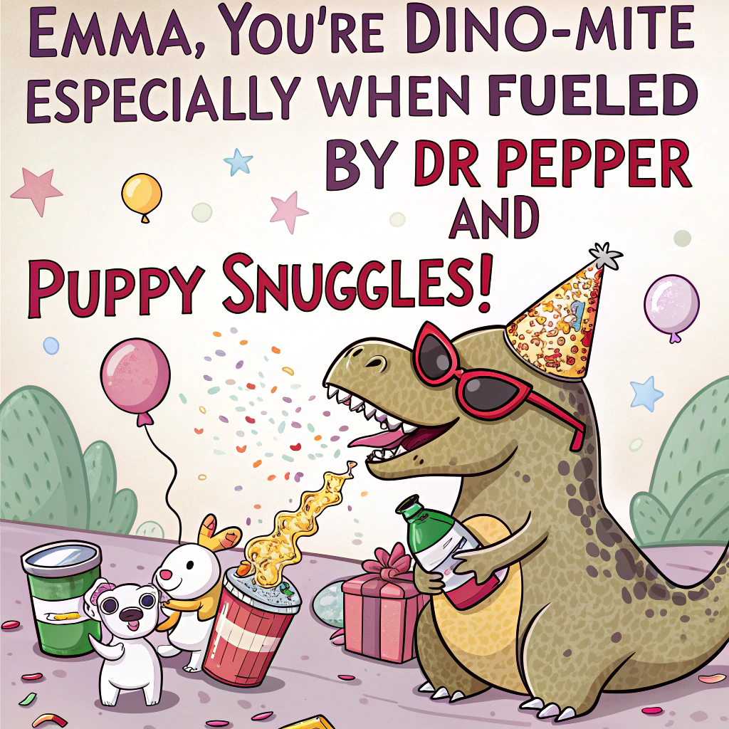 At the top of the image, "Emma, you're dino-mite—especially when fueled by Dr Pepper and puppy snuggles!"

- In the center of the cartoon-style image, illustrate a comically chaotic prehistoric birthday party scene:
  - A T-Rex wearing a glittery party hat and oversized sunglasses is chugging a can of Dr Pepper through a twisty straw, looking blissed out.
  - Around its feet, an adorable swarm of tiny cartoon puppies (in party gear—bowties, mini hats, confetti on their fur) are playing tug-of-war with the T-Rex’s tail and unwrapping presents with their teeth.
  - One puppy is balancing a birthday cupcake on its nose while another tries to take a selfie with the dinosaur using a giant bone-shaped phone.
  - Background includes a balloon banner that says “Jurassic Bark” strung between two volcanoes that are spurting colorful sprinkles instead of lava.

- The overall mood is zany and joyfully ridiculous, perfect for a laugh-out-loud birthday moment.
Generated with these themes: Dinosaur , Dr Pepper , and Puppies.
Made with ❤️ by AI.