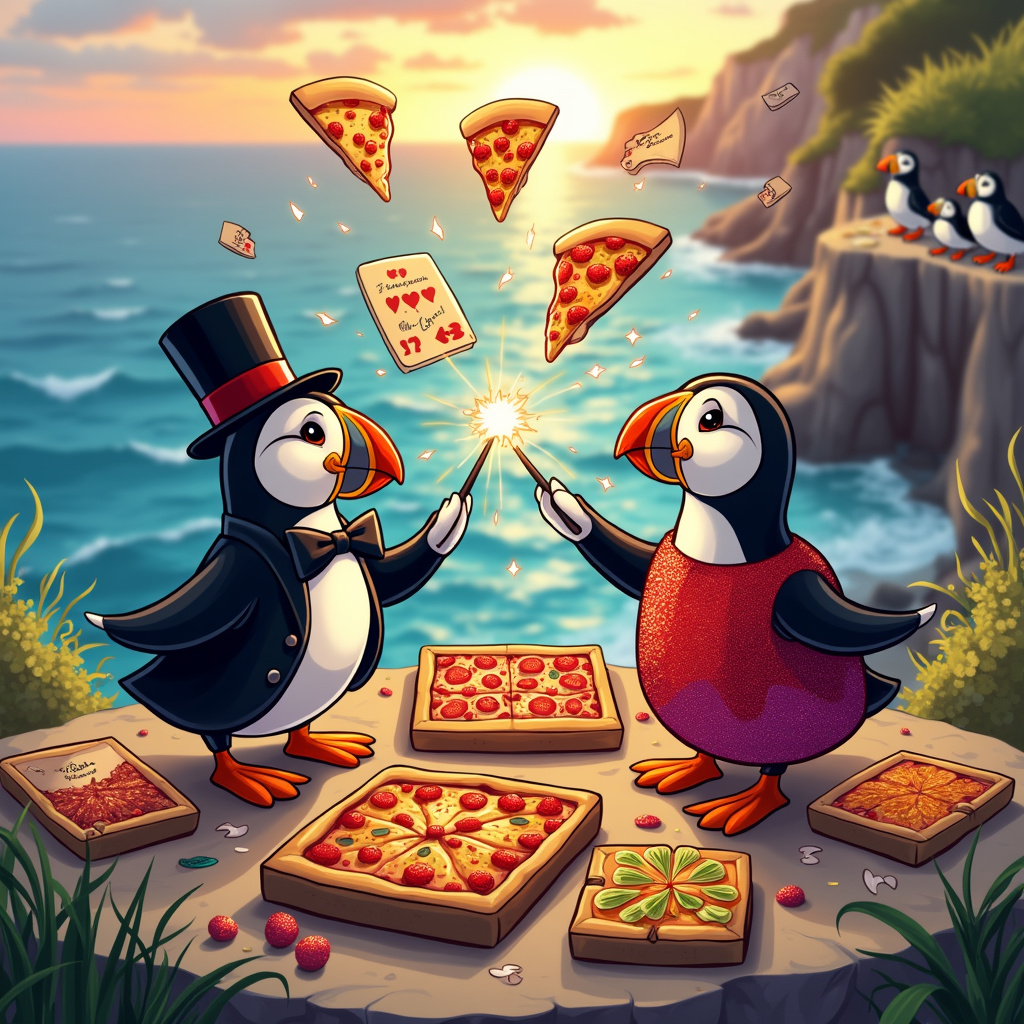 Imagine a vibrant cartoon scene set on a scenic cliffside overlooking the ocean at sunset. The main characters are two adorable puffins dressed as a classic magician duo. One puffin, wearing a tiny black tuxedo and top hat, holds a magic wand, while the other, in a glittering red sequined dress, assists by presenting the act. 

In the center of the scene, the tuxedoed puffin is performing an astonishing card trick. Cards hover mid-air, arranged in a heart shape, with a dramatic flair. Each card has a whimsical illustration on it—some showing tiny puffin faces, others displaying hearts, clubs, diamonds, and spades with animated expressions. 

Surrounding the puffins, the ground is strewn with pizza boxes of various sizes and colors, as if a great pizza feast had just occurred. Each box has a different, playful design, with toppings spilling out in vibrant reds, greens, and yellows. A couple of slices float in the air, joining the magical spectacle, adding a comical touch.

In the background, the setting sun casts a warm golden glow across the scene, highlighting the puffins’ glossy feathers and the shimmering cards. The ocean sparkles with waves gently crashing against the cliffs, and a few more puffins can be seen in the distance, watching the magic show with delighted expressions.

To the side, a whimsical banner made from seaweed and shells draped between two rocks reads "Happy Anniversary!" in playful, curving letters. The overall scene is rich with detail, from the intricate patterns on the puffins' outfits to the varied textures of the pizza and the sparkling sea, making it a charming, lively, and humorous anniversary greeting.
Generated with these themes: Puffins, Card magic, and Pizza.
Made with ❤️ by AI.