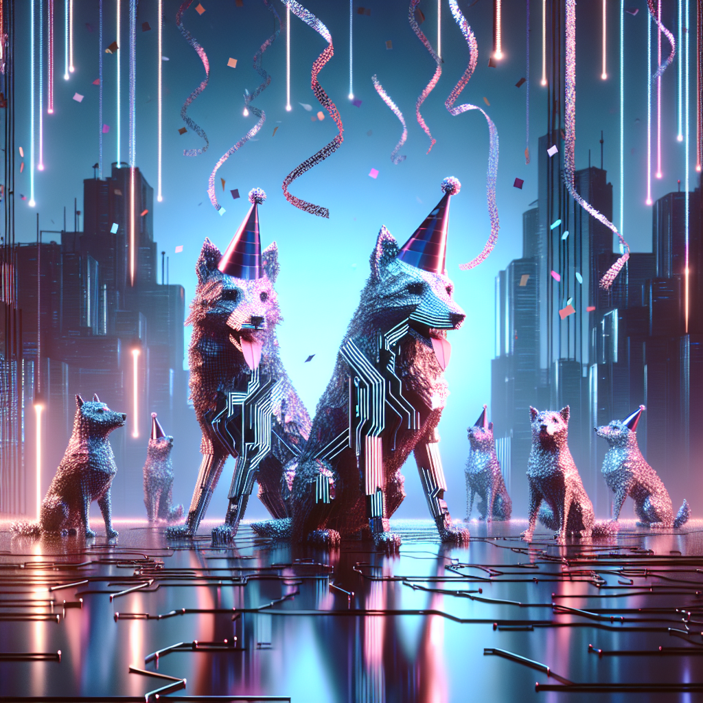 Create an abstract image set in a futuristic cyberpunk setting. The color palette combines dusky blues and pinks, reflective of an urban landscape at twilight. The central theme is a celebration, featuring geometric interpretations of dogs with glitchy outlines interplaying with pixelated confetti in a celebratory atmosphere. These canine figures wear holographic birthday hats. Positioned against a backdrop of misty circuit line designs and chrome skyscrapers, these digital dogs capture the heart of the celebration. Illuminated streamers made from light fibers fill the air, adding a sense of movement and dynamism to this surreal-yet-engaging tableau.
Generated with these themes: Cyberpunk , and Dog.
Made with ❤️ by AI.