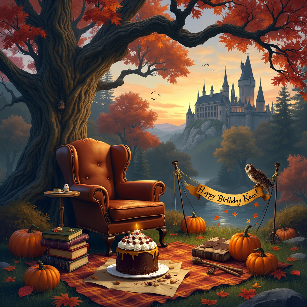 In the center of the scene, there's a picturesque autumn forest, with trees whose leaves are in a riot of fiery oranges, deep reds, and golden yellows. Nestled within the forest is an enchanting clearing where a cozy reading nook has been set up. There’s a large, ancient oak tree with twisted, gnarled branches that seem to cradle the nook, much like Arthur Rackham's whimsical illustrations. 

Under the oak, an oversized, plush armchair with worn leather sits invitingly, and atop it is a stack of classic books, the topmost being a Harry Potter novel with its distinctive cover art peeking out. To the side, a small wooden table is set with a steaming mug of hot cocoa, whipped cream, and a sprinkle of cinnamon, an homage to the cozy autumn setting.

In front of the armchair, there's a small grassy area where a birthday cake sits on a checkered picnic blanket. The cake is a multi-tiered marvel decorated with tiny figurines of Harry Potter characters. Perched atop the cake, there’s a magical banner strung between two miniature broomsticks that reads "Happy Birthday Kam!" in glittering golden letters. The cake is surrounded by scattered autumn leaves and acorns, adding to the seasonal charm.

Nearby, a wise old owl, reminiscent of Hedwig, is perched on a low-hanging branch, clutching a parchment scroll in its talons that reads "From the Wizarding World, Happy Reading Kam!" in elegant, swirling script. The owl is eyeing a few pumpkins that are carved with various Harry Potter symbols and motifs, like the Hogwarts crest and the Deathly Hallows symbol, blending the autumn and magical themes seamlessly.

In the background, the sky is painted in twilight hues of purples and oranges. Through a break in the tree canopy, Hogwarts Castle is faintly visible in the distance, its spires and turrets tinged with the last rays of the setting sun, casting a warm glow that enhances the autumn ambiance. In the sky, fluffy clouds spell out "Kam" as if written by a Quidditch player zooming past on a broomstick.

The scene is teeming with details, such as a pile of fallen leaves beside the armchair with a pair of round glasses partially buried in them, a subtle nod to Harry Potter, and a pumpkin spice-scented candle flickering on the wooden table. This magical, autumnal birthday scene perfectly blends the love for reading, the enchantment of the Harry Potter universe, and the cozy warmth of the autumn season, all while celebrating Kam’s special day.
Generated with these themes: Autumn , Reading , and Harry Potter .
Made with ❤️ by AI.