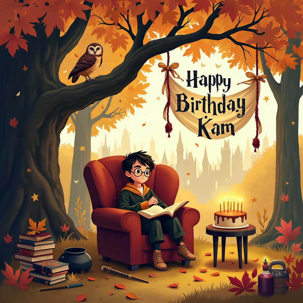 In the scene, envision a whimsical, autumnal forest clearing, bathed in the golden hues of a late October afternoon. The trees, with leaves in brilliant shades of orange, red, and gold, form a natural canopy above. In the center of this magical woodland, a cozy reading nook is set up. There's a large, enchanted oak tree with sprawling branches that cradle an enormous, comfy armchair, upholstered in a rich, burgundy fabric reminiscent of Gryffindor colors. 

Perched on the armchair is Kam, a bespectacled character dressed in a Hogwarts robe, holding an open book. The book emits a gentle, magical glow, and tiny, sparkling wisps float up from its pages, hinting at the spells and stories contained within. Nearby, a curious owl, Hedwig, perches on a branch with a scroll in its beak, watching over Kam as if delivering a special birthday message.

Scattered around the base of the oak tree are various Harry Potter-themed items: a cauldron bubbling with a potion, a stack of spell books, and a wand casting a lumos spell, lighting up the scene with a soft, mystical light. To the right of the armchair, a small round table is laden with a birthday cake, decorated with Hogwarts house crests and topped with lit candles spelling out "Happy Birthday Kam" in sparkling, enchanted script.

Above this charming setup, hanging between two tall trees, is a Happy Birthday banner made of floating Quidditch broomsticks, with the letters of Kam's name woven through the twigs and leaves, appearing as though they were written by a magical hand. In the background, distant castle spires of Hogwarts rise above the tree line, shrouded in a gentle, mystical mist, tying the whole scene together.

The overall illustration combines elements inspired by the detailed realism of Norman Rockwell, the intricate linework of Aubrey Beardsley, and the whimsical storytelling of Maurice Sendak, creating a uniquely enchanting birthday scene just for Kam.
Generated with these themes: Autumn , Reading , and Harry Potter .
Made with ❤️ by AI.