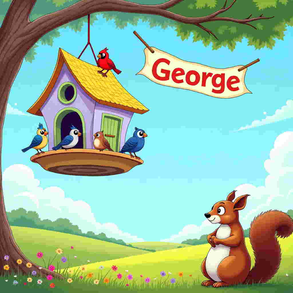 Picture a bright, sunny day with a clear blue sky scattered with fluffy white clouds. In the foreground, a comically oversized bird feeder hangs from a tall, exaggeratedly twisted tree. The bird feeder is shaped like a whimsical Victorian house, painted in vibrant pastels—think a bright yellow roof, a lavender base, and mint green accents around the windows and doors.

On the feeder, an eclectic group of cartoonish birds with exaggerated features gather. There's a plump, bright red cardinal with a comically large beak, a tiny blue jay with oversized feet, and a pair of sparrows with humorously large, expressive eyes. Each bird is in mid-action—pecking, chirping, or squabbling over seeds, creating a lively, bustling scene.

Below, a cheeky, round-bellied squirrel with a fluffy, dramatically oversized tail is perched on a nearby branch. The squirrel has its eyes comically wide, staring up at the birds with exaggerated curiosity. Its fur is a rich mix of browns and reds, with a white underbelly, adding to its cartoon charm.

In the background, a rolling meadow stretches into the distance, with patches of colorful wildflowers dotted across the landscape. A gentle breeze appears to ruffle the petals of the flowers and the leaves of the tree, suggested by subtle wavy lines.

Suspended in the sky, a banner reads "George" in big, bold letters. The letters are painted in bright, rainbow colors and appear to be gently swaying in the breeze, as if held aloft by an invisible force.

This card captures the essence of a playful, nature-filled scene that resonates with the charming, whimsical style of classic cartoonists.
Generated with these themes: Squirrel, Birds, Bird feeder, and .
Made with ❤️ by AI.