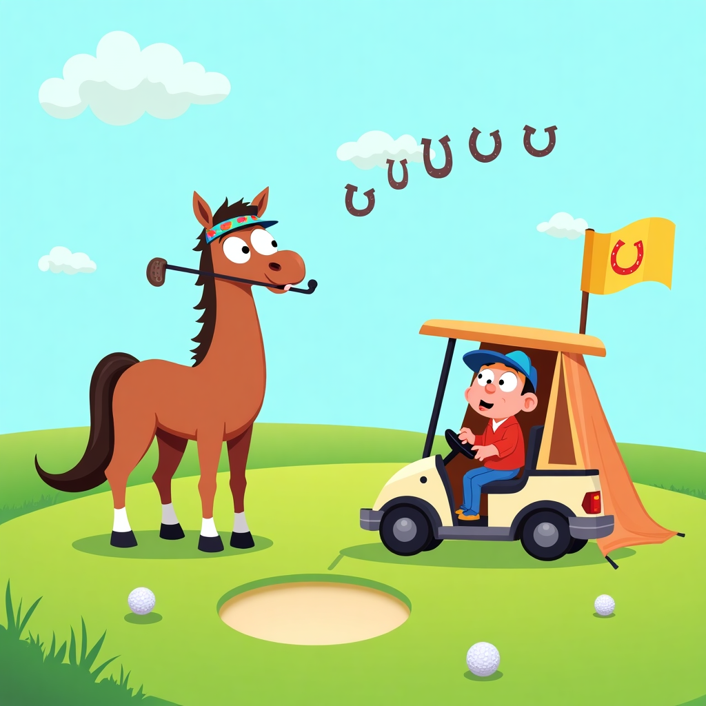 **Image Prompt:**

Create a vibrant, vector-style illustration featuring a humorous scene on a sprawling golf course. On the left, depict a horse with a cheeky expression, wearing a colorful golf visor and attempting to swing a golf club with its mouth. Beside the horse, show a person with a bewildered look, dressed in camping gear, standing in a makeshift tent set up in a golf cart. The golf cart is parked comically in a sand trap, and the person is holding a flag with a doodle of a golf ball and a horseshoe. 

In the sky, add a small flock of birds shaped like tiny horseshoes flying in a perfect 'V' formation. On the ground, scattered golf balls are seen, with one having a smiley face drawn on it.

**Text Caption:** "Galloping through life, one hole-in-one laugh at a time!"
Generated with these themes: Golfing, horses, side by side, camping, and .
Made with ❤️ by AI.