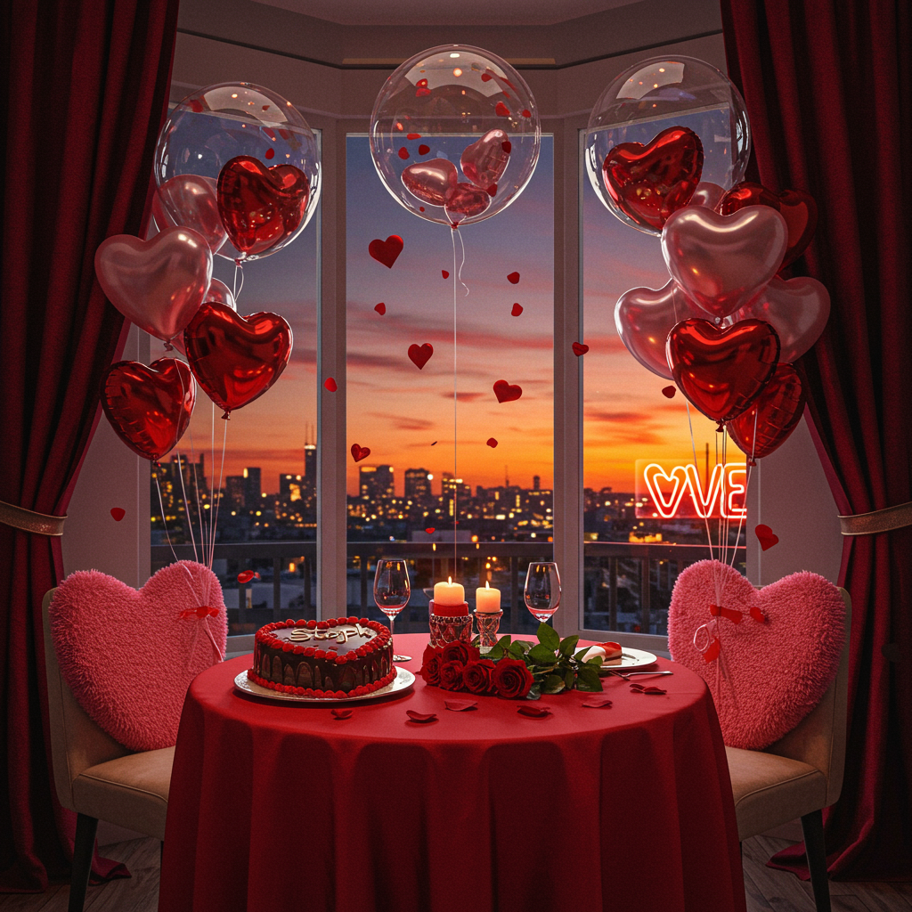 Front and center of the Valentine's Day card is a cozy, intimate table setting for two. The table is round and draped with an elegant, deep-red satin tablecloth that spills over the sides. Upon the table are several long-stemmed red roses, scattered as if gently tossed by Cupid himself. The petals appear velvety with an almost dewy freshness, capturing the rich crimson hue of classic romance.

To the left side of the table, there's a heart-shaped chocolate cake resting on a gleaming silver platter. The icing is a glossy, dark chocolate, with intricate red sugar hearts dancing along the edges. In delicate white frosting, the word "Steph" is scripted elegantly across the top of the cake.

Suspended above the table is a canopy of transparent balloons, each enclosing smaller heart-shaped balloons in shades of ruby, pink, and pearl. They hover as if defying gravity, catching the light in their glossy surfaces, creating tiny reflections of the scene below.

In the background, a large bay window reveals a vivid cityscape at twilight, where the sky is a gradient of oranges and purples melting into night. The city lights twinkle, adding a sense of distant liveliness. Through the window, a neon sign can be faintly seen affixed to a neighboring building. It glows warmly, spelling out "LOVE" in bold red letters, accompanied by a pair of animated hearts pulsing softly beside it.

The scene is completed with two chairs tucked into the table, their backs adorned with plush heart-shaped cushions in a striking, vibrant pink. The details come together to create a captivatingly lifelike representation of Valentine's Day, filled with love hearts and red roses, perfectly setting the stage for romance.
Generated with these themes: love hearts red roses.
Made with ❤️ by AI.