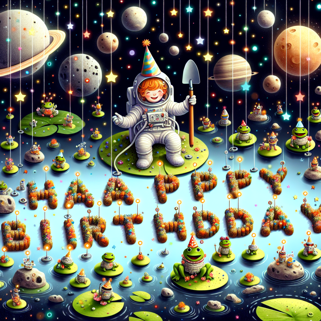 Imagine a whimsical outer space scene filled with planets and twinkling stars, setting the stage for an exuberant birthday celebration. Floating amidst this celestial spectacle is a cheerful astronaut with ginger hair, clothed in a spacesuit and holding a trowel. They float amidst a congregation of zero-gravity lily pads, each housing a mirthful frog sporting a festive party hat. Adjacent to this assembly, a sequence of petite asteroids is arranged to convey the phrase 'Happy Birthday' in Morse code - with the dots and dashes symbolized by rocks of varying sizes.
Generated with these themes: Outer space, Gardening, Frogs, Being ginger, and Morse code.
Made with ❤️ by AI.
