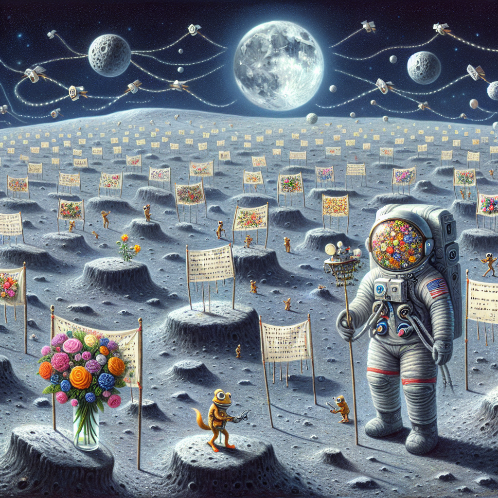 Picture a festive gathering unraveling under the moon's pale light, in the midst of an array of scattered lunar craters. The central figure is a space-suited gardener with ginger hair, their helmet overflowing with various colored flowers unique to outer space atmospheres. As part of this extraordinary event, small frogs can be seen navigating the lunar surface in tiny rocket ships, bouncing from one crater to another. Throughout the landscape, banners emitting Morse code messages via satellite beam connections, each as thin as a thread of a spider's web, shimmer in the moonlight. These signals not only display birthday greetings but also compose a melodic lunar birthday song.
Generated with these themes: Outer space, Gardening, Frogs, Being ginger, and Morse code.
Made with ❤️ by AI.