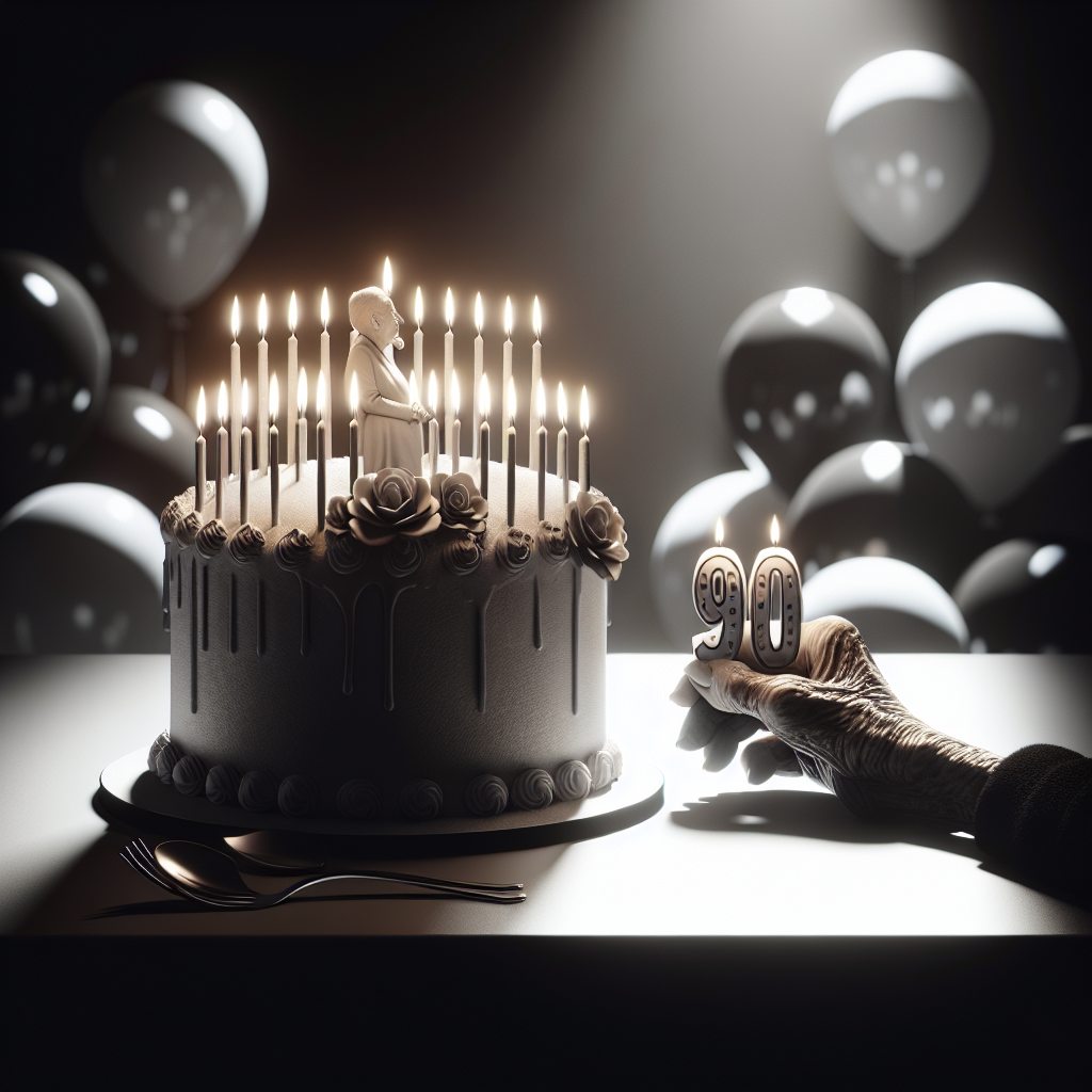 Render an elegant and somber illustration celebrating a 90th birthday. In the foreground, provide the view of a grand, yet slightly faded, cake adorned with 90 glowing candles. The background should consist of black and white balloons, assisting in creating a peaceful atmosphere. Subdued shadows should be present around the scene, casting a quiet and reflective mood. Include one visible hand of an elderly person, positioned as if just about to make a birthday wish. We should be able to tell that the person has experienced many years of life from the appearance and texture of the hand.
Generated with these themes: 90.
Made with ❤️ by AI.