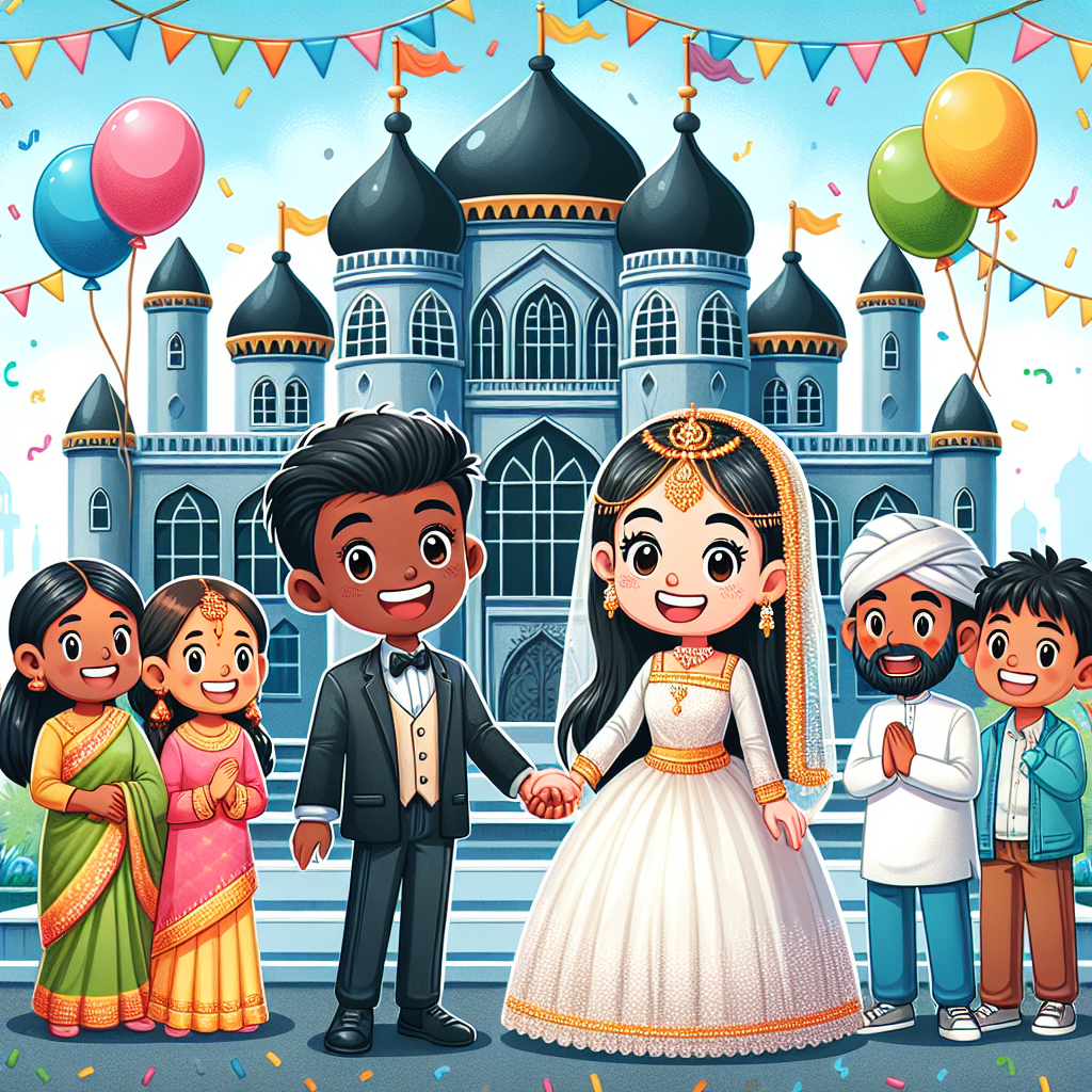A whimsical anniversary cartoon scene, featuring a Hispanic woman and Black man holding hands proudly in front of an elegant palace, which symbolizes their enduring history together. Flanking them are a South Asian girl and a Middle-Eastern boy, their smiles as bright as the festive atmosphere. Balloons and streamers adorn the palace facade, underscoring the joy of the wedding anniversary celebration.
Generated with these themes: White Woman, Wuite Man, History, Palace, White girl, White boy, and Wedding anniversary.
Made with ❤️ by AI.