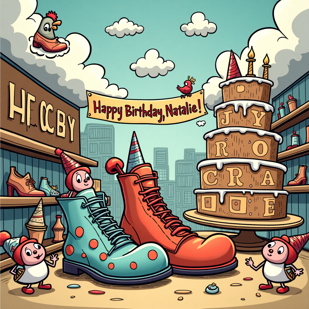 In this whimsically humorous birthday card illustration, imagine a vibrant cartoon scene set in a bustling, exaggeratedly large shoe store, reminiscent of a comic strip panel. The focal point is a comical foot-themed birthday party. At the center, a pair of oversized clown shoes are comically depicted, each housing a small, anthropomorphic foot character celebrating with party hats and noisemakers. These foot characters are animatedly interacting, with some dancing and others attempting to balance precarious slices of birthday cake on their toes.

On one side of the scene, a towering, spiraling cake crafted to look like a stack of shoes acts as the centerpiece. Atop this whimsical cake, a banner stretches across reading "Happy Birthday, Natalie!" in large, playful letters, with each letter being formed by a shoe string. Surrounding this shoe-cake are tiny, jubilant partygoers, all cleverly designed as various foot accessories, like socks and laces, each uniquely adorned with googly eyes and cheerful grins.

In the background, a series of comic strip panels showcase hilarious mishaps and exaggerated expressions inspired by Bill Watterson and Charles Schulz, including a foot trying on an impossibly large stiletto or a sock attempting a daring leap into a laundry basket. Adding to the scene's cartoonish charm, in the sky above the store, fluffy clouds are shaped like shoe prints, subtly nodding to the recipient, Natalie, with the word "Natalie" artfully woven into the cloud patterns. A comical bird, reminiscent of Gary Larson's style, is perched on one of the shoe prints, wearing a tiny hat as it quips something amusingly relevant to birthdays.

Every element of the illustration combines to create a bustling, detailed celebration, filled with quirky foot-related humor and vibrant, playful artistry, paying homage to classic comic and cartoon styles while uniquely personalizing it for Natalie's special day.
Generated with these themes: Feet .
Made with ❤️ by AI.
