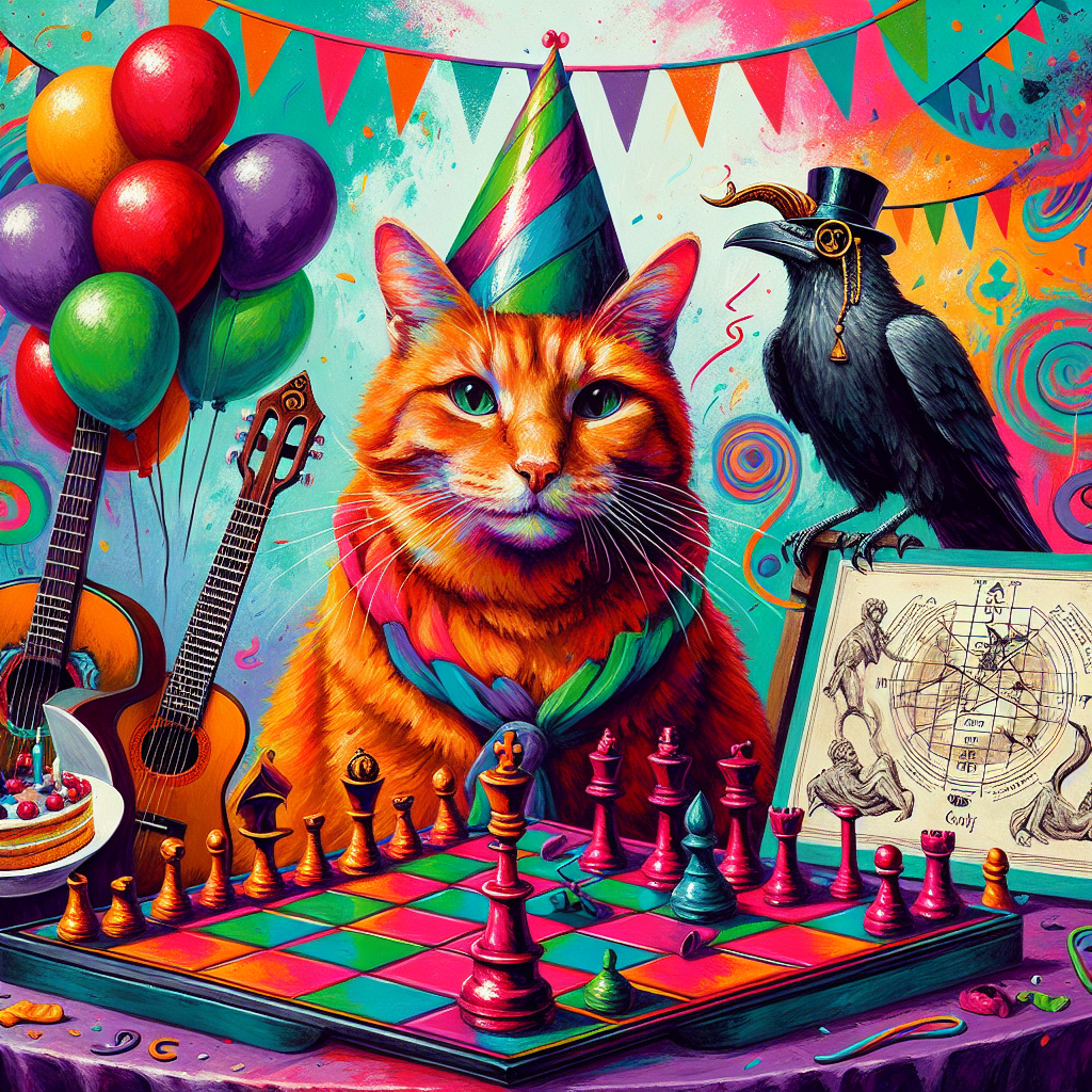 In the center of a colourful abstract birthday setting, a ginger tabby cat, painted in zesty shades of red, green, and purple, confidently sports a party hat. Around its neck hangs a miniature guitar, indicating a musical celebration. Adjacent to the feline entertainer, an ornate sword is lodged in a strategy board game shaped like a cake, enticing guests to strategize their moves in a game for the hidden tasty prize. Overhead, a scholarly crow adorned with a monocle supervises the celebration, lending an element of refinement to the playful scenario.
Generated with these themes: Ginger cat, Red green purple, Guitar, Sword, Strategy board game, and Crow.
Made with ❤️ by AI.