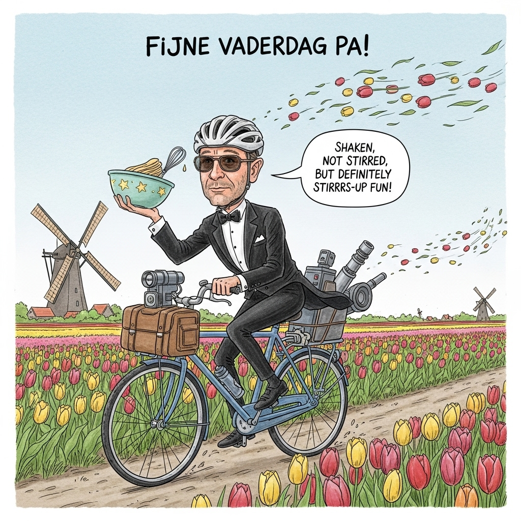 At the top of the Illustration Style image, write "Fijne Vaderdag pa!"

**Image Prompt:**

Create a humorous illustration capturing a playful mix of themes: A caricatured father figure, resembling James Bond, cycling through a vibrant tulip field in Amsterdam. He's wearing a tuxedo with a cycling helmet, balancing a mixing bowl and whisk in one hand as if he's on a mission to cook the world's best pancake. The bicycle is cleverly rigged with spy gadgets, and in the background, you see windmills and colorful tulips swaying. Add a speech bubble coming from the father, saying, "Shaken, not stirred, but definitely stirred-up fun!" 

The overall style should be hand-drawn with fine linework, textured brush strokes, and a warm, expressive color palette that brings out the playful charm of this adventurous Father's Day scene.
Generated with these themes: Cycling, James Bond, Cooking, Tulip field, Amsterdam, and .
Made with ❤️ by AI.