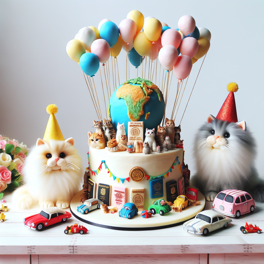 Craft a whimsical birthday scene with fluffy cats of varying colors donning charming festive hats. These playful felines are seen swatting at the strings of brightly colored balloons as they comfortably nestle amongst an assortment of miniature toy cars. The main attraction of the occasion is an intricate cake standing proud at the center, it's remarkably adorned with edible decorations meticulously crafted to mimic a globe, passports, and a wide range of international cuisine delicacies representing a deep passion for traveling and gastronomy.
Generated with these themes: Cats, Cars, Travel, and Food.
Made with ❤️ by AI.