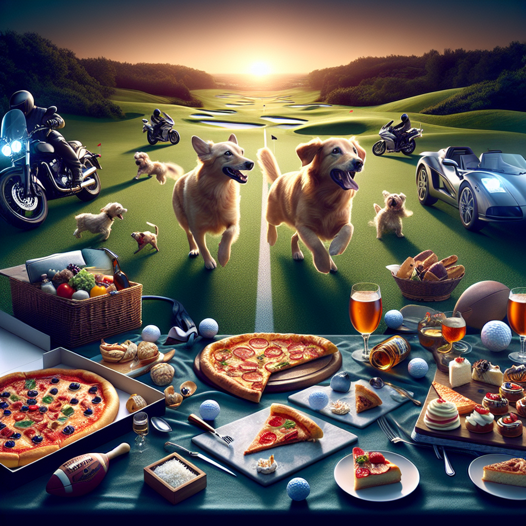Visualize a romantic anniversary setting that cleverly merges the distinct passions of a couple into a single scene. The background features a golf course gradually blending with a football field, representing their collective fascination with sports. In the foreground, two happy dogs energetically pursue a ball, injecting a note of lively authenticity. A picnic set up teases with pieces of high-end pizza and a detailed variety of desserts, reflecting their culinary interests. Close by, their prized motorcycles vividly sparkle under the twilight sun, ready for the upcoming exploration they will embark upon.
Generated with these themes: Golf, Football, Dogs, Sweets, Pizza, and Motorbikes.
Made with ❤️ by AI.