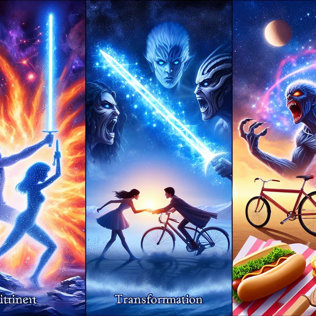 Create an image that symbolizes intense determination, represented by a metaphorical duel between individuals using glowing energy swords located in a distant, alien galaxy. The next part of the image should evoke a transformation journey, drawing from the theme of a classic fairy tale where a young woman uncovers the inner beauty of a cursed creature. Finally, illustrate the spirit of perseverance using the simple pleasure of a bicycle ride on a day filled with sunshine, concluded by the enjoyment of a savory hot dog at a sporting event.
Generated with these themes: Star Wars, Beauty and the Beast, Bike rides, and Hot dogs.
Made with ❤️ by AI.