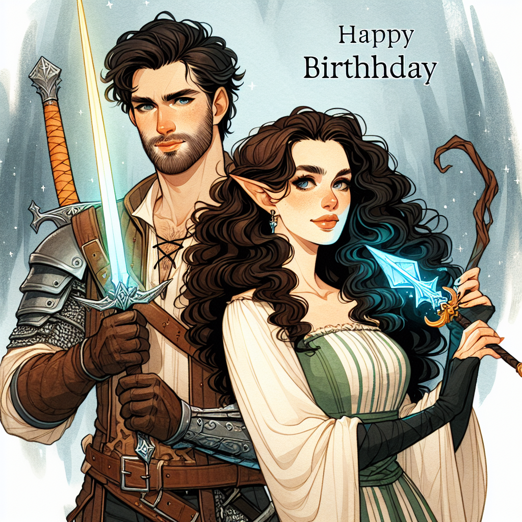 In this cute birthday card design, you and your boyfriend are creatively transformed into heroic Dungeons and Dragons characters. Your boyfriend, with neatly trimmed dark brown hair and a slim beard and mustache, strikes a pose as a valiant knight with a shining sword. Your character's dark brown, curly hair tumbles as a druid with a mystical staff, standing in a protective stance next to him.
Generated with these themes: Card with my boyfriend and I as Dungeons and Dragons characters. He has dark brown hair and a thin beard and moustache. I have dark brown curly hair, very long., and Dungeons and Dragons.
Made with ❤️ by AI.