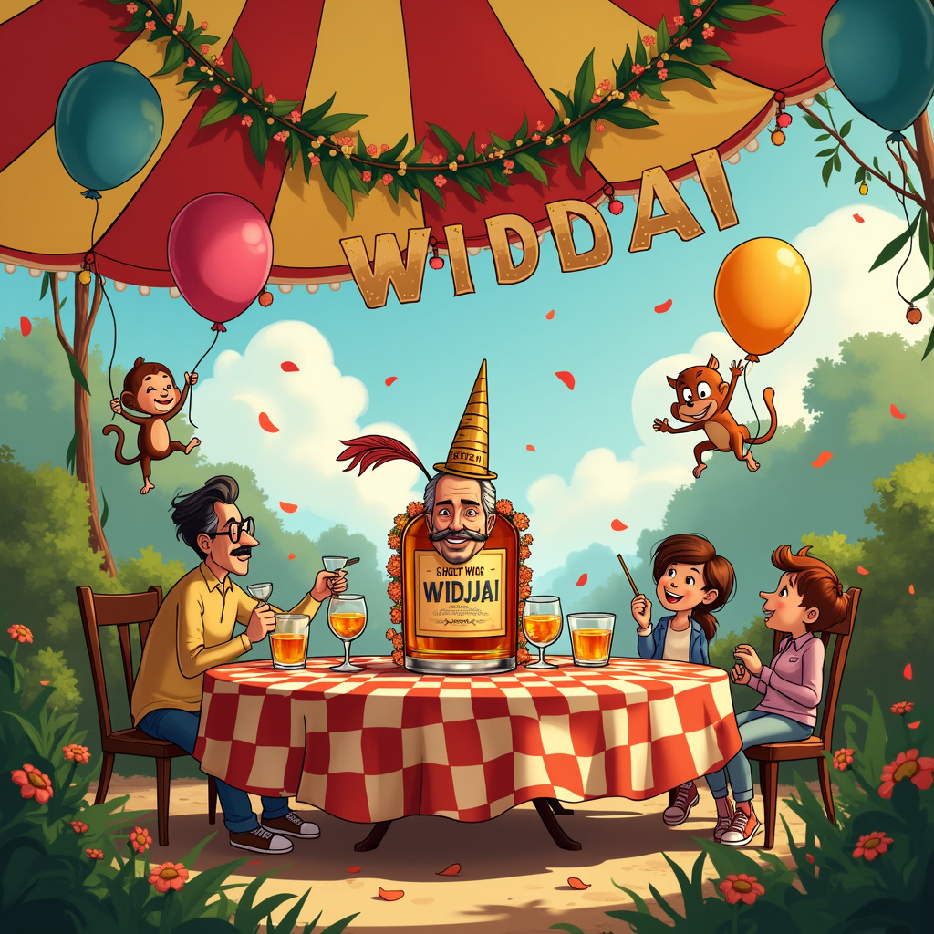 In a bustling cartoon scene, we find Widjai celebrating his birthday in a delightful, whimsical garden. Imagine the setting as a fusion of Peanuts’ playful simplicity and Calvin and Hobbes' energetic chaos. The scene is set under a vibrant, multi-colored marquee adorned with traditional Indian floral garlands that dangle gracefully, interwoven with colorful balloons. 

At the center, there is a large, round table covered with a checkered tablecloth in bright red and white. On the table stands an ornate bottle of Scotch whiskey, its label glimmering with golden script and intricate designs, surrounded by several comically exaggerated whiskey glasses, some half-full, others clinking together in a toast. Each glass has a tiny, smiling face drawn on it, adding a playful twist. 

Seated around the table are cartoon characters inspired by various cultural and animated traditions, with one clearly resembling Widjai - a middle-aged man with a broad smile, donning a party hat with a feather sticking out, which nods to both traditional Indian headwear and a touch of humor. Surrounding Widjai, his friends, each characterized with unique quirks – one with large round glasses reminiscent of Harry Potter, another with an exaggerated mustache – are all joyously celebrating.

In the background, cartoon animals akin to the lively wildlife in Disney's animations join the party. A mischievous monkey in a little vest is seen swinging from the marquee, clutching a balloon in one hand and a flower in the other. Nearby, a group of squirrels are having their mini-party with tiny flower garlands around their necks, holding tiny glasses filled with what appears to be whiskey. 

Floating above the entire scene, in large, bold, and colorful letters, is the message “Happy Birthday, Widjai!” Each letter appears to be made from balloons, complete with strings hanging down, anchored to the table. Flower petals are scattered across the ground, adding to the festivity, with some animatedly falling from the sky, giving a dreamy "Little Nemo in Slumberland" touch. 

The background is a subtle nod to Hergé’s clean lines, featuring a simple blue sky with a few fluffy, Calvin and Hobbes-style clouds and a silhouette of distant rolling hills, indicating a carefree and endless celebration. 

This birthday party scene perfectly marries the themes of Scotch whiskey, balloons, Indian floral decorations, and a jovial "Happy Birthday, Widjai!" wish, all told through a vibrant, character-rich, and humor-filled illustration.
Generated with these themes: Scotch Whiskey ,party with balloons and flowers indian decoration,Happy Birthday Widjai .
Made with ❤️ by AI.