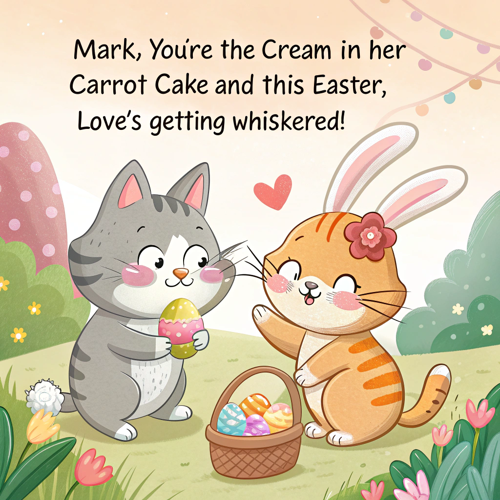 At the top of the image, "Mark, you're the cream in her carrot cake—and this Easter, love's getting whiskered!"

- Illustrate a playful and humorous scene featuring two cartoon cats deeply in love.  
- The male cat has suave grey fur and is wearing floppy pink bunny ears, holding a small Easter egg with a heart on it in his paw, eyes half-lidded in romantic bliss.  
- The female cat has fluffy orange tabby fur, sparkly bunny ears with a flower on one side, and is coyly blushing, gazing lovingly at the male cat while offering him a carrot-shaped chocolate.  
- Both cats are seated on a spring meadow, surrounded by pastel eggs and tiny chicks peeking from the grass.  
- In the background, there’s a sign that reads “Hoppy Ever After Lane,” slightly tilted for a cheeky effect.  
- Little heart-shaped petals float between them as if love itself is blooming for Easter.
Generated with these themes: Two cats in love wearing bunny ears for Easter. One cat is male, the other one is female. Show that these cats are really in love and romantic .
Made with ❤️ by AI.
