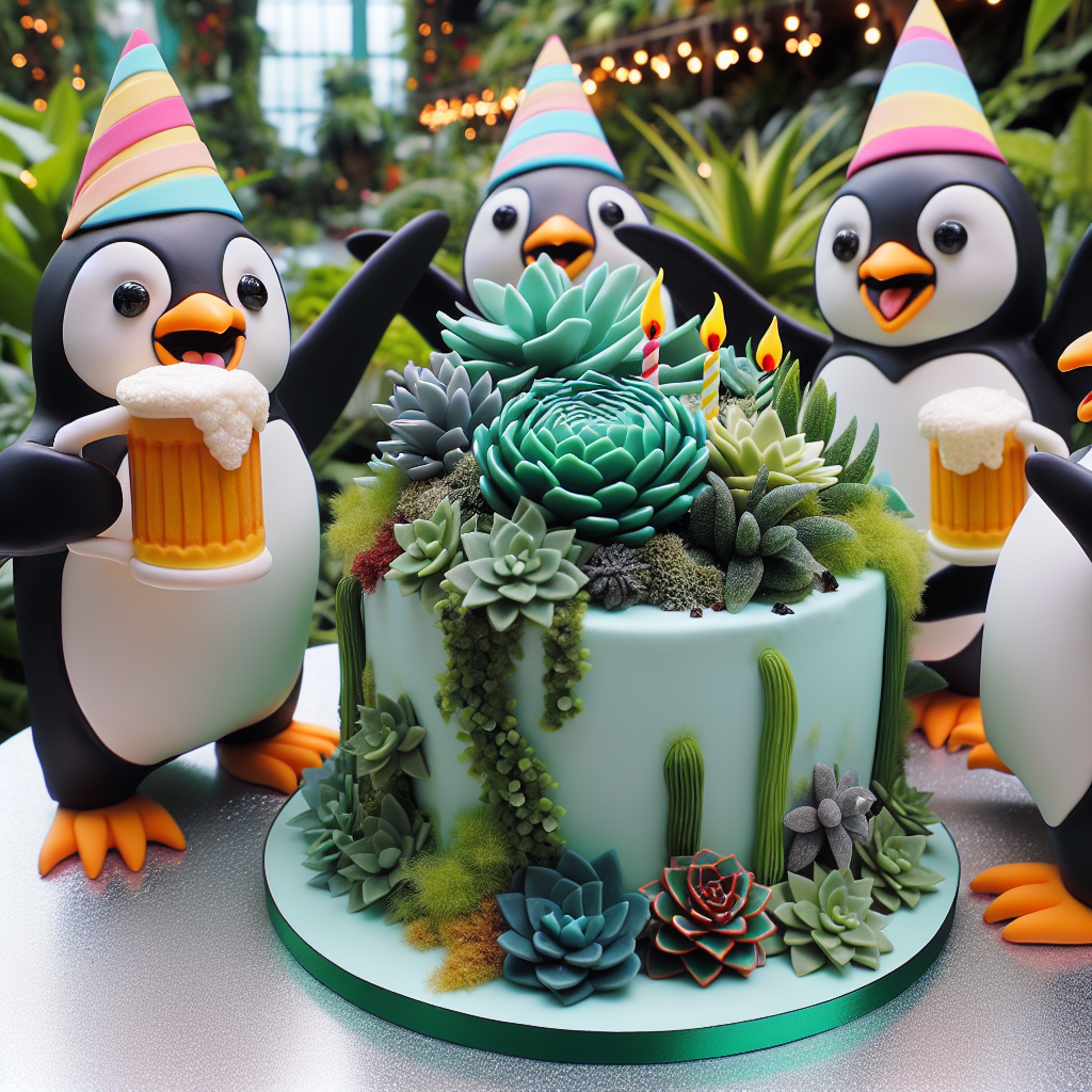 A cheerful group of penguins, each wearing a vibrant party hat, is seen wandering through an indoor environment teeming with lush, green vegetation. Each penguin holds a chilled mug of beer in its wings. One playful penguin is caught trying to extinguish the flames on a cake designed to look like a bountiful terrarium, replete with confectionery succulents.
Generated with these themes: Plants, Penguins, and Beer.
Made with ❤️ by AI.