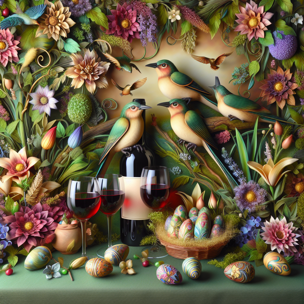 A delightful Easter vista reflects the vitality of spring, merging natural beauty with artistic expression. A vibrant assortment of lifelike flowers forms the rich background, punctuated by meticulously designed birds, bringing vibrancy and dynamism to the peaceful surroundings. The arrangement incorporates the essence of creativity, represented in the hand-embellished Easter eggs nestled within the greenery. A discreetly placed bottle of robust red wine with accompanying glasses stands close, urging spectators to partake in the calm while taking in the thriving grandeur, forging an environment of sophisticated celebration.
Generated with these themes: Flowers , Birds, Red wine, and Art.
Made with ❤️ by AI.