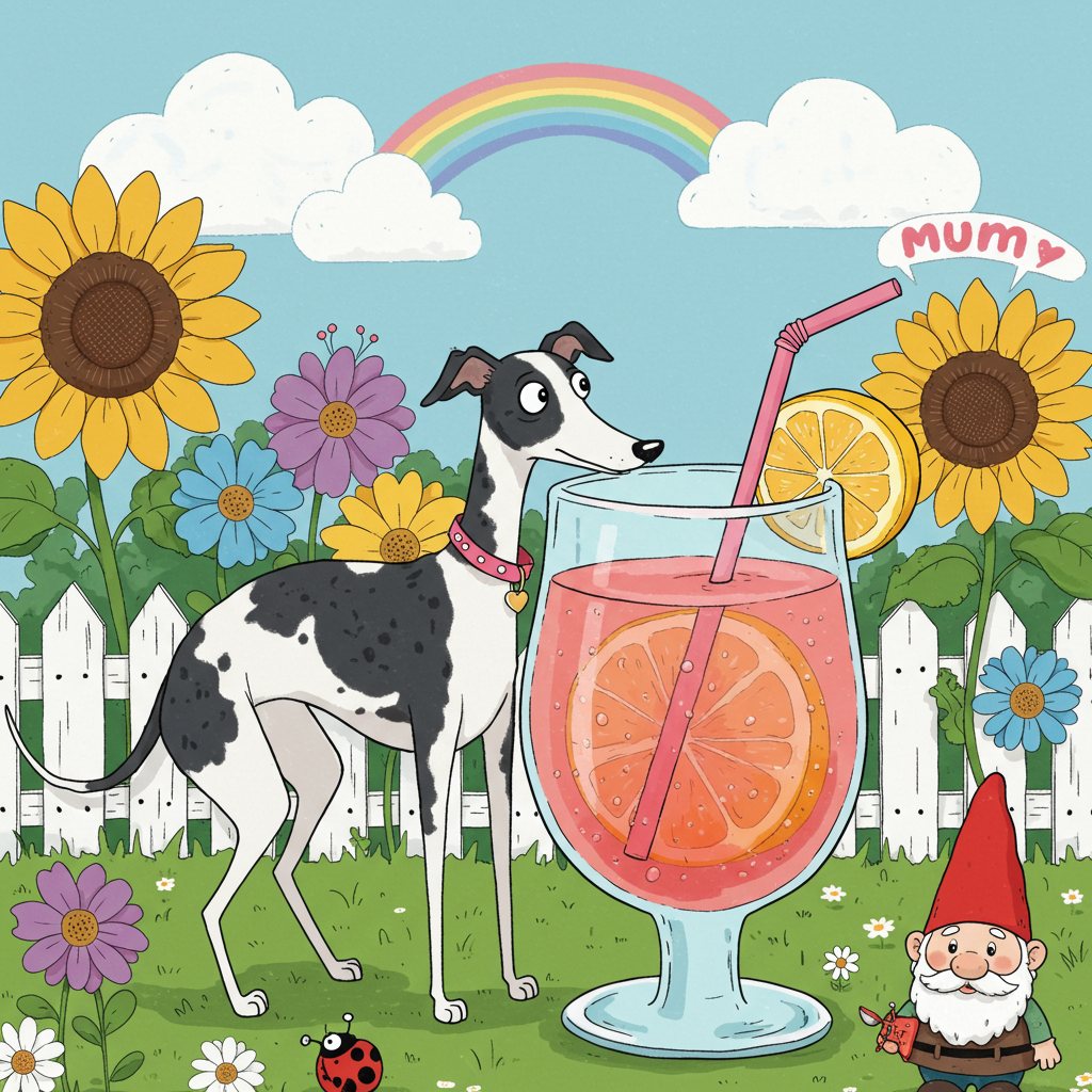 Imagine a vibrant cartoon scene set in a whimsical garden filled with oversized flowers in hues of bright yellow, electric blue, and vivid purple. A white picket fence, dotted with cheerful daisies, frames the background.

Front and center is a quirky, cartoon-style black and white whippet with elongated legs and exaggerated floppy ears. The whippet wears a bright pink collar adorned with a sparkling charm shaped like a tiny lemonade glass. Its snout is humorously buried into a gigantic, comically oversized glass of rose lemonade, complete with a curly straw spiraling out. The lemonade glass is transparent with a slight pink tint, showcasing fizzy bubbles and an exaggerated lemon slice perched on the rim.

To the side, a garden gnome wearing a classic red pointy hat peeks out from behind a gigantic sunflower. The gnome holds a small banner above his head with the word "Mum" boldly printed in swirling, pink bubble letters.

Above this lively scene, fluffy white clouds drift across a sky painted in a soft, cartoonish blue. Among them, a cheerful rainbow arcs across the sky, its colors exaggerated and vibrant, reflecting the whimsical style reminiscent of Hergé or Bill Watterson.

To add a dash of humor, a cheeky, anthropomorphic ladybug with oversized googly eyes peeks out from behind one of the flowers, adding an unexpected detail in the corner of the card.

This charming Mother's Day card captures a playful and colorful scene with an eccentric mix of elements, staying true to the lively and imaginative styles inspired by renowned cartoonists and artists.
Generated with these themes: Black and white whippet with a pink collar drinking rose lemonade, and .
Made with ❤️ by AI.