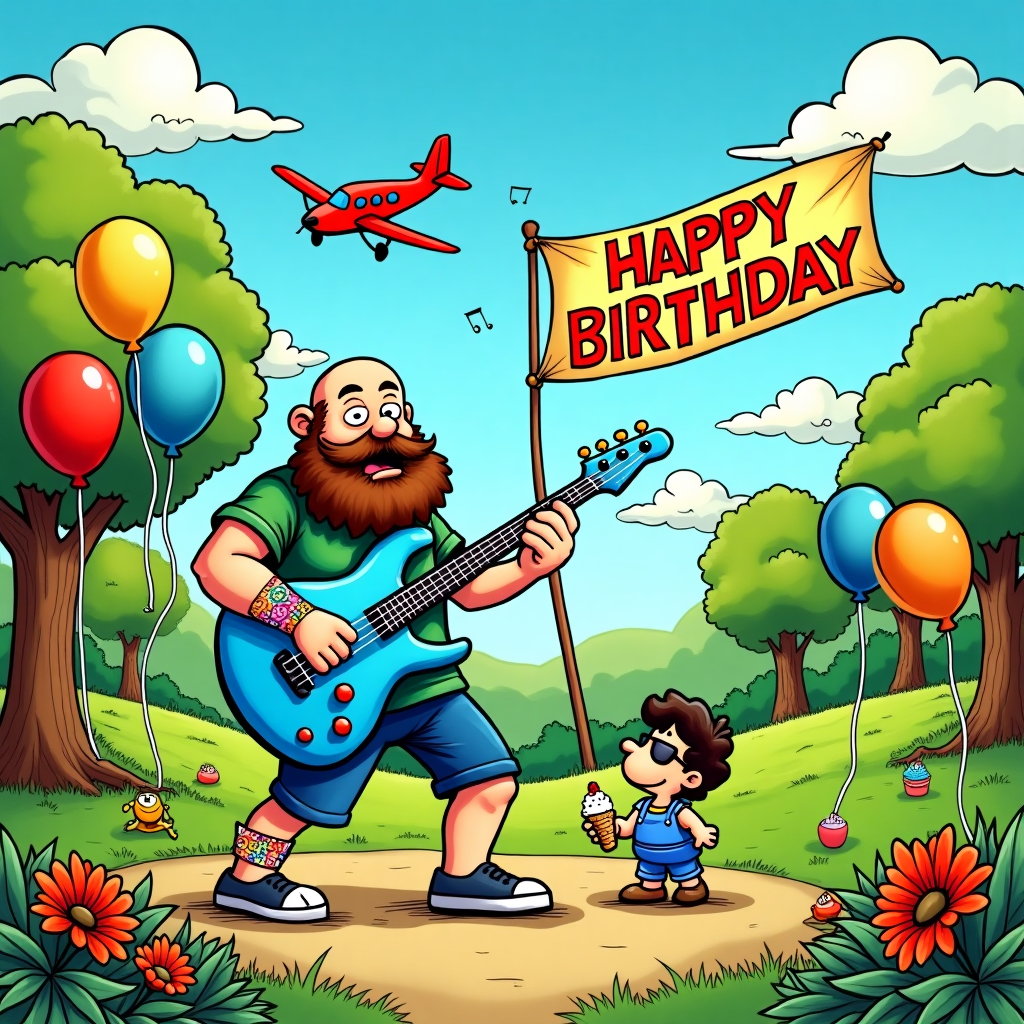 The scene is set in a vibrant, cartoonish park filled with exaggerated proportions and whimsical details reminiscent of a mash-up of classic comic styles.

At the center, a bald man with a full, bushy beard stands on one foot, hilariously overemphasizing his broken toe, which is humorously bandaged with colorful cartoon band-aids that feature playful patterns like stars and stripes. Despite his injury, he's energetically playing a bright, electric blue bass guitar. The guitar is oversized, with a glossy finish and comically large strings that seem to vibrate with excitement.

Surrounding him are balloons in a kaleidoscope of colors—reds, yellows, and blues—tethered to the ground with curly, exaggerated strings. Some balloons have expressive, cartoon-like faces reminiscent of the style found in classic Peanuts comics, looking surprised or delighted by the music.

The background is a mix of a rolling, lush green hill with exaggerated, comic-strip style flowers and trees. The flowers have eyes and comical smiles, reminiscent of the whimsical nature found in Winsor McCay's work. Trees are drawn with thick, cartoonish outlines, their branches swaying rhythmically to the imaginary tune.

In the sky, a plane flies by trailing a vibrant banner that reads "Happy Birthday" in big, bold, colorful letters. The font is playful, with each letter in a different color, evoking a sense of celebratory chaos similar to the lettering seen in classic Calvin and Hobbes panels. The sky itself is a bright, cerulean blue, peppered with fluffy, exaggeratedly large white clouds shaped like musical notes, subtly suggesting the scene's musical theme.

The ground is dotted with comical characters inspired by R. Crumb's underground style, like a dog wearing oversized sunglasses, tapping its foot to the beat, and a small child holding an ice cream cone, its ice cream hilariously toppling over in a gooey cascade, reminiscent of the playful spirit found in Hergé's Tintin. 

This scene is both a humorous and lively depiction, an amalgamation of surreal cartoon elements, designed to deliver a unique and unforgettable birthday greeting.
Generated with these themes: Bald man with a beard and broken toe playing a bass guitar, and .
Made with ❤️ by AI.
