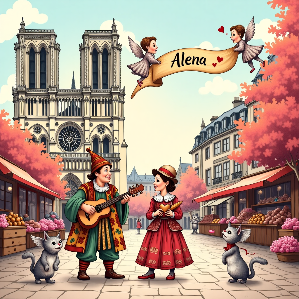 **Front Cover Design Description:**

**Scene Overview:**
Imagine a bustling street in Paris during the year 1488, where love is in the air, filled with historical charm and whimsical humor. This scene combines medieval elements with a playful, anachronistic twist.

**Background:**
The backdrop features a detailed, hand-drawn depiction of Notre-Dame Cathedral, intricately sketched with Gothic spires and rose windows, standing proudly on the left side of the card. To the right, cobblestone streets meander through a lively market square. In the sky above, a banner is humorously flown by two cherubic angels, holding the ends while a gentle breeze ruffles its surface. The banner reads, "Alena" in elegant, swirling calligraphy.

**Foreground Elements:**
- **Market Scene:** 
  - Stalls brimming with heart-shaped pastries and flowers, their colors a lively mix of pinks, reds, and whites. A plump baker, with flour-dusted cheeks, offers heart-shaped baguettes to a passing couple, one holding a comically oversized bouquet of roses.
  
- **Medieval Figures:**
  - A troubadour, dressed in vibrant, patchwork garb reminiscent of a jester, strums a lute serenading a lady, her attire rich with embroidery, and a pointed hat adorned with a veil. Both characters are drawn with exaggerated expressions, adding a whimsical touch.

- **Animals:**
  - A pair of cartoonish, medieval cats wearing tiny hats, one sipping from a heart-shaped saucer of milk, while the other bats playfully at a fluttering red ribbon.

**Color Palette:**
- Rich, deep reds and pastel pinks dominate the scene, punctuated by the earthy tones of the cobblestones and the market stalls.
- The sky transitions from a soft morning blue to a warm, golden hue, suggesting a romantic sunrise.
  
**Artistic Style:**
- **Line Work:** Emulate the intricate, expressive lines of Aubrey Beardsley, mixed with the humorous detailing akin to Edward Gorey.
- **Character Expression:** Capture the vibrant and dynamic expressions found in Quentin Blake's illustrations.
- **Color Application:** Apply the luminous, dreamy colors of Maxfield Parrish, creating a vivid yet whimsical scene.

This hand-drawn Valentine's Day card combines historical Parisian charm with playful, romantic elements, inviting the viewer to step into a fantastical 1488 love story.
Generated with these themes: 1488, Style, and Paris.
Made with ❤️ by AI.