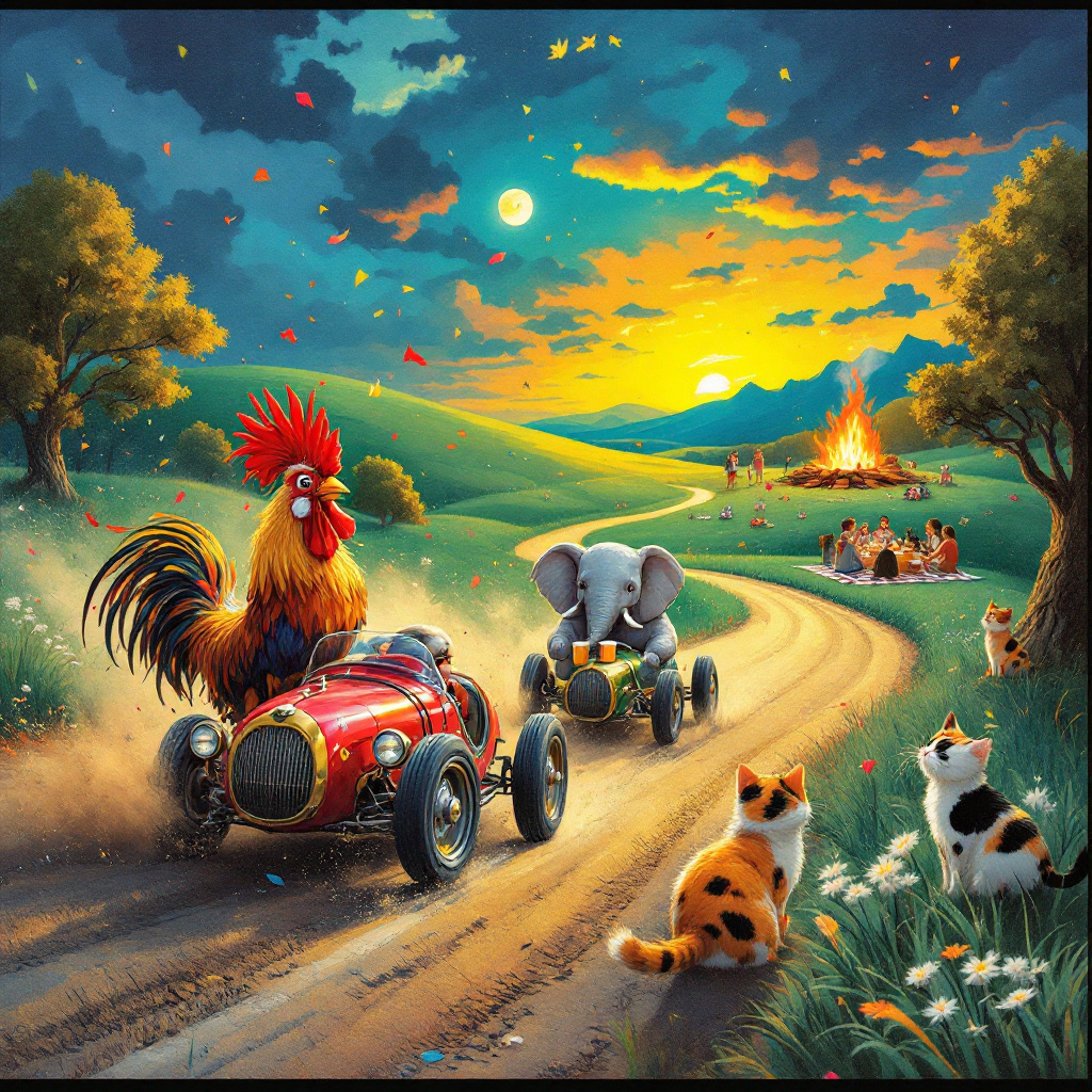  cockerels and elephants racing cars, Big Bonfire picnics with Cornish pasties and beer, and Calico cat Birthday Card
