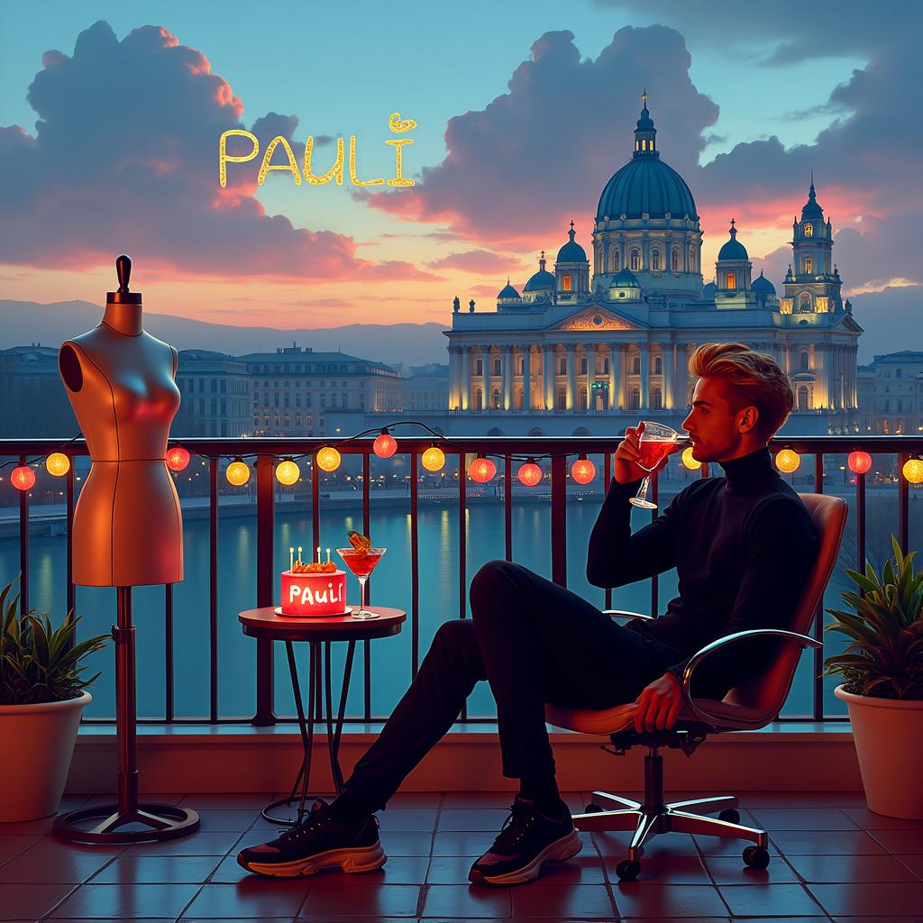 On a balcony overlooking the majestic Vienna Opera House, a slender, strawberry-blond man in his late 20s is elegantly stylish, dressed in a Balenciaga outfit that reflects Berlin techno style. He lounges comfortably in a modern, minimalist chair, savoring a vibrant red Campari drink from a crystal glass, adorned with an elegant twist of orange peel. In the distance, the iconic architecture of the opera house is bathed in the soft glow of the setting sun, while the skyline features fluffy clouds that whimsically form the words "Happy Birthday Pauli." Next to him stands a tailor's dummy, dressed in a shimmering silky dress that glows with royal blue and silver hues under the soft balcony lights, adding sophistication to the festive atmosphere. The space is further adorned with string lights, featuring tiny, colorful lanterns draped along the railing, creating a cozy ambiance. Close by, a small, round table supports a festive birthday cake, its icing playfully adorned with the name 'Pauli' in a comic font reminiscent of Bill Watterson’s illustrations in 'Calvin and Hobbes.' 

Generated with these themes: A slender strawberry blond man sitting on a balcony, dressed in a Balenciaga outfit, Berlin techno style, sipping a Campari drink, with the Vienna Opera in the background, and a tailor's dummy showcasing a silky dress.  
Made with ❤️ by AI.