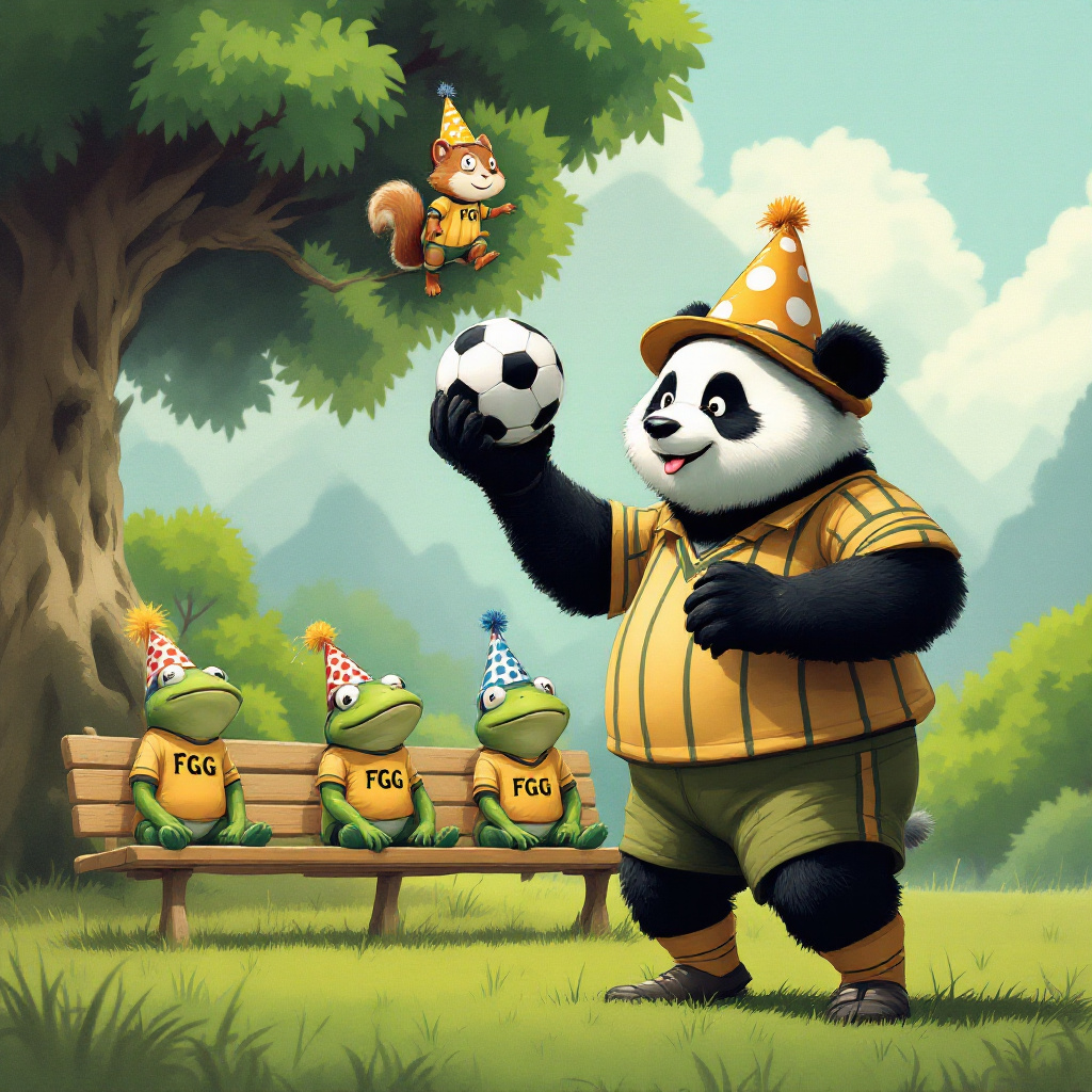 In the foreground of the birthday card, a playful panda, dressed in a vintage 1920s soccer kit with a comically oversized cap, stands confidently at a grassy soccer field. The panda is animatedly juggling a soccer ball with its head, tongue sticking out in concentration, reminiscent of a playful Peanuts character, yet with the distinct flair of Astro Boy's energetic expressiveness. Behind the panda, a trio of anthropomorphic frogs, each wearing an exaggerated oversized jersey labeled "FGG," sit on a wooden bench as if they are the panda's enthusiastic cheerleaders. Each frog sports a uniquely styled party hat—one in polka dots, another with streamers, and the third resembling a miniature soccer ball, taking a playful nod from The Far Side's humor. In the background, lush, cartoonishly exaggerated trees, much like those in Calvin and Hobbes, frame the scene, with one particularly large tree hosting a perched squirrel wearing a tiny referee uniform, holding a red card. Above this lively ensemble, a banner strung between two trees reads, "Happy Birthday! Keep the Ball Rolling!" in colorful, bubbly letters. A friendly bee wearing a soccer scarf buzzes near the panda, while a mischievous cat, reminiscent of Tintin’s Snowy, chases after a paper plane, adding to the chaotic yet charming scene. The sun, smiling down whimsically with sunglasses perched on its face, completes this bustling birthday soccer adventure.
Generated with these themes: Fgg, and Soccer.
Made with ❤️ by AI.
