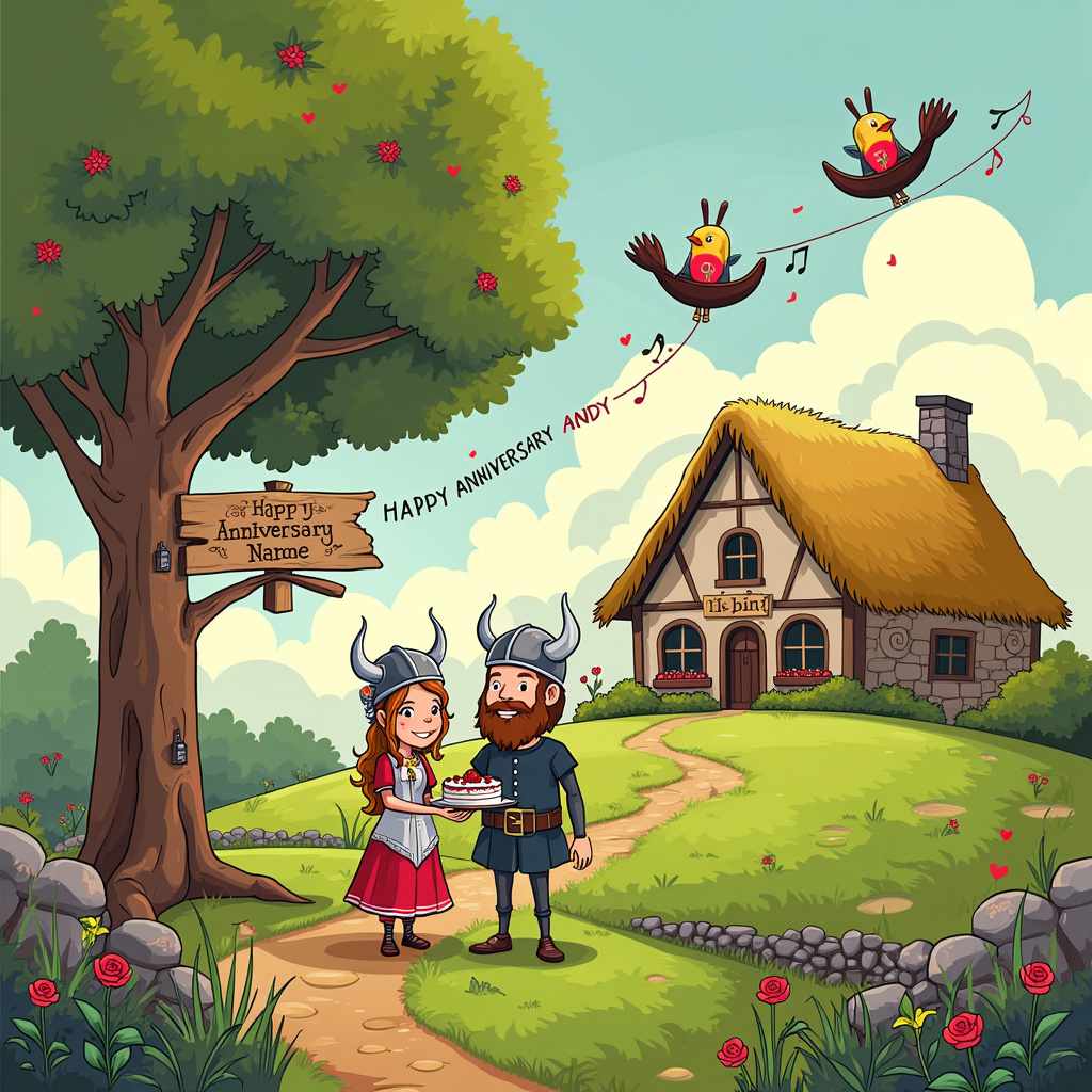 Imagine a vibrant, humorous scene set on a lush green Yorkshire hill, adorned with blooming wildflowers and the iconic Yorkshire dry stone walls. This is not an ordinary hill though—on the crest stands a quaint Viking longhouse, reimagined with Yorkshire elements like thatched roofing and a signpost reading "Viking Inn." 

In front of the longhouse, a Viking couple celebrates their 5th wedding anniversary in full Viking attire, but with a twist: the Viking helmets feature little roses on their horns, a nod to the Yorkshire rose. The wife, with braided hair and a beaming smile, hands her husband a Viking longboat-shaped cake, decorated with tiny flags that read "5 Years Strong." 

A giant oak tree next to the longhouse has "Andy & [Partner's Name]" carved into its bark, encircled by a heart. Perched on the branches, a few cartoonish birds are dressed in miniature Viking helmets, chirping merrily.

In the background, the sky is an animated swirl of colors, inspired by Malika Favre's bold use of negative space and Matt W. Moore’s geometric patterns. Floating among the clouds is a banner pulled by two animated dragon-headed kites that reads, "Happy Anniversary, Andy!" in a bold, medieval font.

To the side, a stone wall features an old Norse rune design, but if you look closely, the runes spell out "Andy" in a quirky, hidden manner, adding a layer of mystery and fun. 

Lastly, a cheerful Viking bard, inspired by Von Glitschka's detailed vector work, strums a lute near the couple, while little musical notes dance in the air, each note in the shape of tiny Yorkshire terriers.

Every element is a delightful blend of Viking lore and Yorkshire charm, unified by a whimsical, illustrative style that pays homage to the inspirations while creating a unique, playful scene for Andy's anniversary card.
Generated with these themes: 5th wedding anniversary, Viking, and Yorkshire.
Made with ❤️ by AI.
