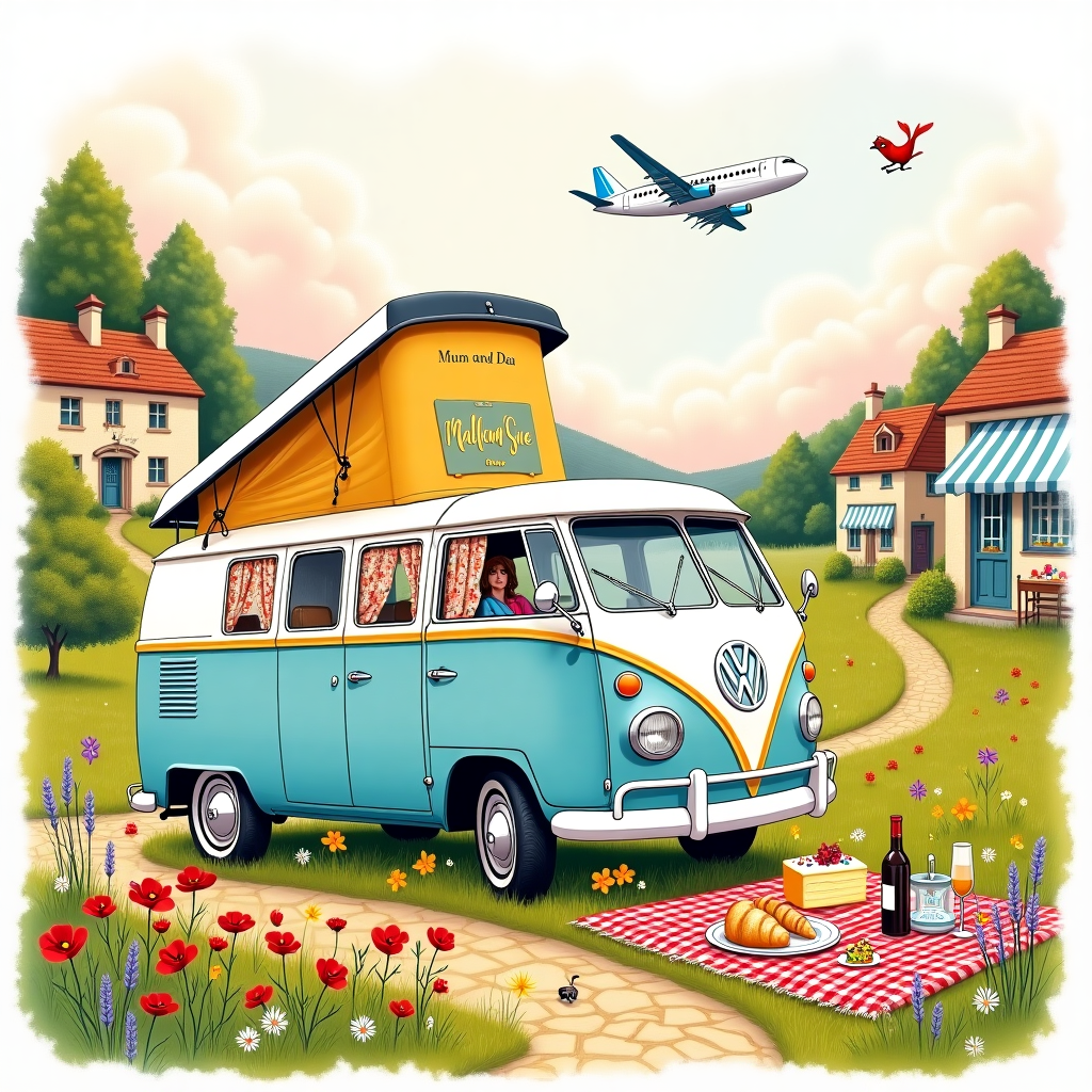 The front cover of the birthday card features a whimsical, hand-drawn illustration of a vintage campervan parked in the heart of a picturesque French countryside. The scene is bustling with detail and vibrant color, drawing inspiration from Norman Rockwell's storytelling and Quentin Blake's lively line work.

In the foreground, the campervan—a classic VW style—is painted in pastel blue and white, with a bright yellow stripe running horizontally across its middle. The van is adorned with bunting flags in shades of red, green, and orange, fluttering in the gentle breeze. The campervan's pop-top is raised, revealing cozy floral-patterned curtains peeking out of the windows. On the van's windshield, there's a small, playful banner with the text "Malcolm and Sue" in a cheerful, bold script.

Surrounding the campervan is a lush, vibrant field dotted with wildflowers—poppies, daisies, and lavender, adding splashes of red, white, and purple. A quaint picnic scene unfolds to the right of the van: a red and white checkered blanket is spread out on the grass, holding a French baguette, a wheel of cheese, and a bottle of wine. A slice of birthday cake with colorful sprinkles is perched on a small, decorative plate, next to a single, lit candle.

In the background, a winding, cobblestone road leads to a small, charming village. The village's rooftops are rendered in warm terracotta hues, with one quaint bistro showcasing a striped awning in soft blue and white. The sky above is a canvas of soft pastel colors, transitioning from light pink to a deeper, calming blue, with fluffy clouds drifting lazily.

Perched in a nearby tree, a small bird with a vivid red chest adds an extra touch of life to the scene, its beady eyes curiously observing the birthday festivities. The text "Mum and Dad" appears whimsically in the sky, as if drawn by an invisible plane, in a gentle, cursive style.

The overall illustration bursts with intricate details and a sense of timeless charm, capturing a moment of celebration in a picturesque French setting.
Generated with these themes: Campervan in France .
Made with ❤️ by AI.