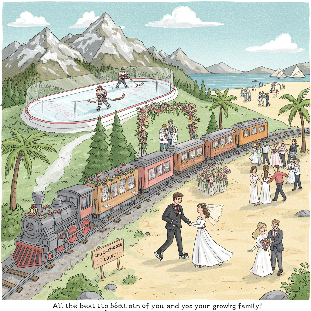 Ice hockey, trains, Utah, swiss mountains, florida, beach, and Wedding Card