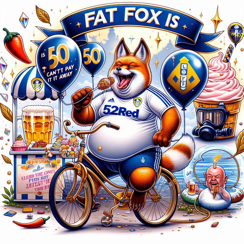 A detailed birthday illustration inspired by a passionate Leeds United F.C. fan turning 50, who happens to be a Caucasian male TV editor with unique hobbies. The main character, a rotund jovial fox cheerfully pedals a bicycle in the renowned Leeds United gear. The air is filled with balloons sporting symbols from his life including a television displaying a popular reality show, 'Can't Pay We'll Take It Away', chili peppers representing his love for spicy foods, a scuba diving mask, and a pint of cider. In the background, a serene ice cream stand adds a touch of softness to the festivities. A ribbon of leaves and reflective crystals gently fall around the scene, enhancing the festive spirit. Atop the scene, large letters declare 'Fat Fox Is 50' in an electrifying yet classy style suggesting the thrill of high-speed chases witnessed in shows like 'UK Cops'. Added symbolism of sweat droplets and a small tick provide a subtle nod to his struggle with sweating and Tourette Syndrome, adding depth and realism to this imaginative birthday rendering.
Generated with these themes: Leeds United f.c, Ice cream, Spicy food, Cooking, Scuba diving, Tv editor, Cannabis , Mdma, Tv program : can't pay we'll take it away, Tv program: uk cops, Sweating, Fat man on a bicycle, Text: "Fat Fox Is 50", Cider, Tourettes, Bicycle , and A fat fox.
Made with ❤️ by AI.