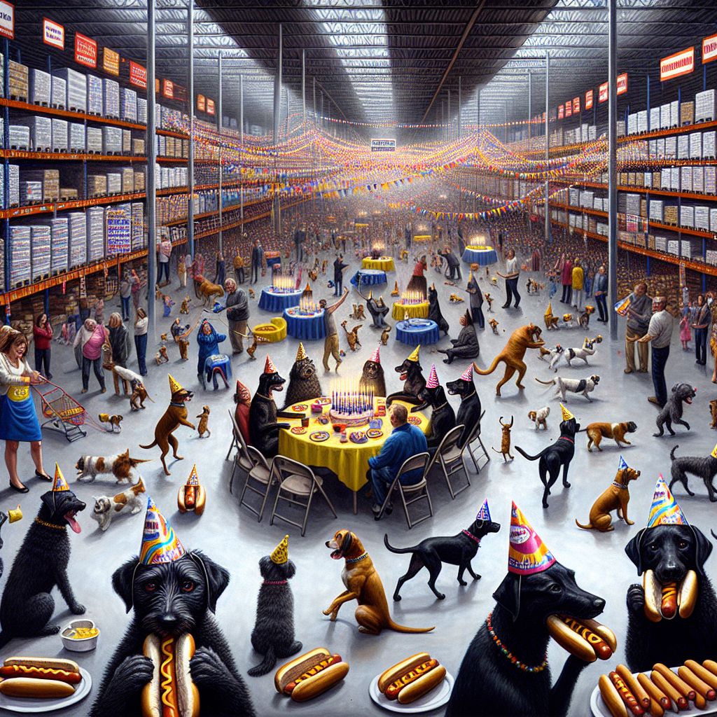 The scene unfolds inside a large wholesale store, buzzing with a unique blend of excitement and everyday realities. A black cat, adorned in birthday regalia, indulges in hotdogs at its grand birthday party. Encircling it, a group of dogs—party hats proudly on their heads—bears witness to the feline's feast, their bond tangible. In the distance, there's a lively contrast: some party attendees sway rhythmically, whilst others demonstrate acrobatic skills, creating a rich sensory panorama. Suddenly, a playful skirmish disrupts the dance, adding an element of chaos. The wholesale store's insignia is prominently displayed across the premises, while the classic 'Happy Birthday' message is creatively interspersed in the scenery, grounding the event in a sense of familiarity.
Generated with these themes: A birthday party for a black cat in costco eating hotdogs with his dog friends wearing birthday party hats on his birthday, with some dancing and doing gymnastics in the background, and some fighting, Costco logo, and Happy birthday.
Made with ❤️ by AI.