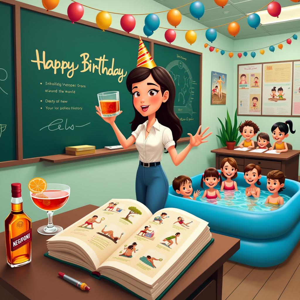In the illustrated scene, the setting is a lively classroom adorned with festive birthday decorations such as colorful balloons and a 'Happy Birthday' banner strung across the blackboard. A cartoonish teacher stands at the center of the room, a celebratory hat on her head and a glass of whiskey in one hand, cheerfully lecturing about the history of holidays around the world. On her desk, there's a large, open themed book titled 'World Holidays,' with illustrations of various cultural celebrations. Beside the book is a cocktail glass with the recognizable layers of a Negroni cocktail. Along the classroom walls, posters depict people swimming and engaging in gym activities, showcasing the theme of active lifestyle. In one corner, a small inflatable pool filled with smiling students models, each holding a mini whiskey bottle, reinforces the swimming theme.
Generated with these themes: Teaching, Holidays, Whiskey, Swimming, Gym, and Negroni.
Made with ❤️ by AI.