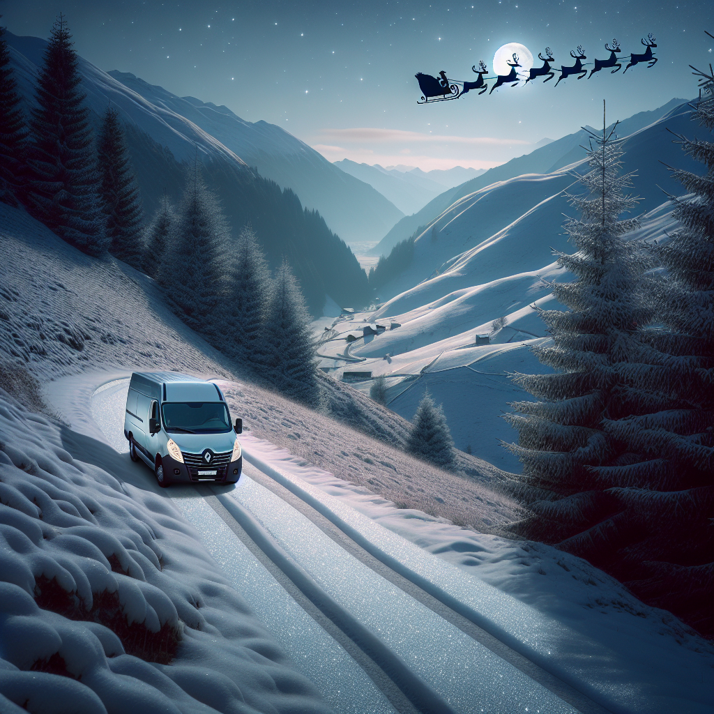 The night scene captures the essence of Christmas with a solitary white Renault Master traveling down a windy mountain path, the snow reflecting the moon's pale light. High above, the iconic silhouette of Santa and his reindeer can be seen crossing the sky, adding a touch of magic to the tranquil landscape.
Generated with these themes: white renault master driving away in the distance, windy road through snowy mountains in moonlight, santa and reindeer flying overhead.
Made with ❤️ by AI.