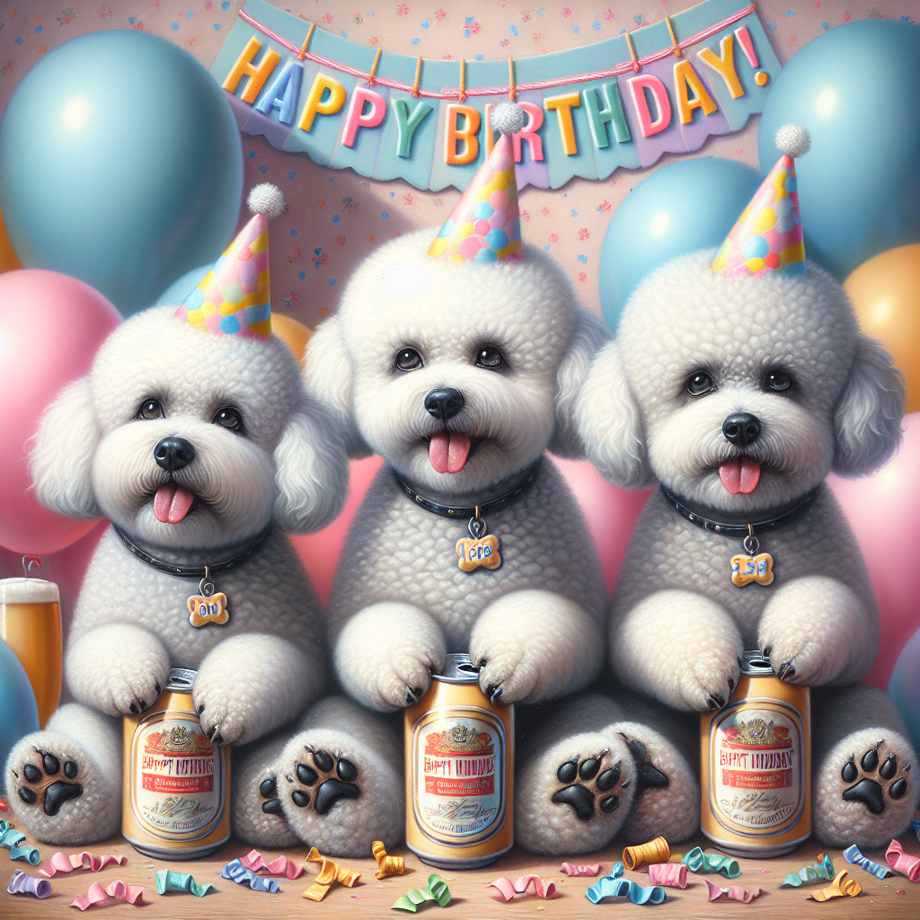 Depict a jovial and animated scene against a soft-colored background filled with traditional birthday adornments. In the heart of the image, three charming Bichon Frise dogs sit collectively, each grasping a generic can of beer with tiny paw-adapted holders. The dogs are dressed in delightful party hats, enveloped by balloons, celebratory paper shreds, and a sign indicating 'Happy Birthday!' in vivacious, fun letters. The style of the image should portray a certain level of whimsical charm, creating an enchanting birthday-themed environment.
Generated with these themes: 3 Bichon frise drinking cans of Carling Black Label .
Made with ❤️ by AI.