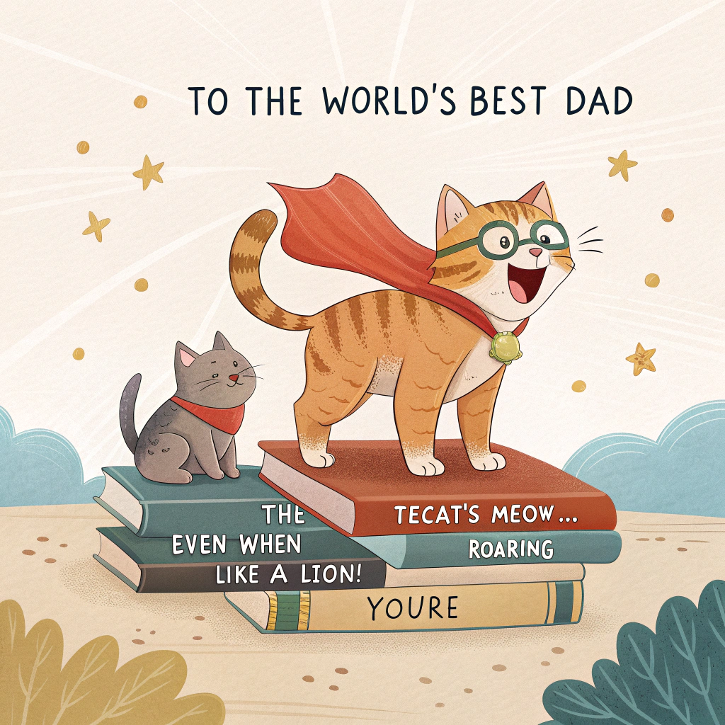 At the top of the image, "To the World's Best Dad":

Add at the bottom of the image, "You're the Cat's Meow... Even When You Think You're Roaring Like a Lion!"

- In the center of the image, depict a playful cartoon scene featuring a Tortie Cat named Chloe and an Orange Tabby Cat named Apricot.
- Chloe is sporting a tiny superhero cape, standing proudly on a stack of books labeled "Dad's Guide to Napping."
- Apricot is comically trying to mimic a lion's roar, his mouth wide open, but only a little "meow" is escaping.
- They are surrounded by bright and exaggerated colors, with their whiskers and tails animatedly swishing in the whimsical cartoon style.
Generated with these themes: Tortie Cat, Chloe and Orange Tabby Cat, Apricot, and .
Made with ❤️ by AI.