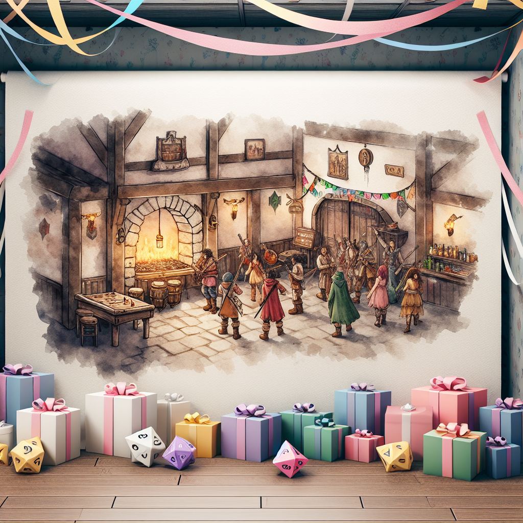 Imagine a cozy corner decorated for a birthday party, painted with a soft watercolor effect. The backdrop features a sketch of a popular fictional tavern, warm and inviting. A crowd of smaller sized, stylized individuals widely known from a popular role-playing game, each unique and equipped with musical instruments, play with joy. They're surrounded by colorful streamers, and a mound of mysteriously wrapped gifts. The centerpiece takes our attention: A two-tiered, mouth-watering chocolate cake. It's decorated with fondant cutouts, resembling dice to celebrate the spirit of adventure and companionship common in role-playing games.
Generated with these themes: Criticle role.
Made with ❤️ by AI.