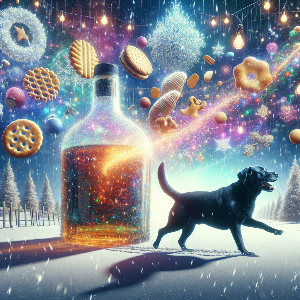 A Surreal Vector Christmas scene unfolds with a black Labrador energetically running across a whimsical, snow-dusted landscape, draped in a garland of twinkling holiday lights. Amidst the surreal backdrop, the dog passes by an oversized whiskey bottle doubling as a festive lighthouse, while gigantic crisps and biscuits float like snowflakes in the sky.
Generated with these themes: running, swimming, black Labrador, whiskey, crisps, biscuits.
Made with ❤️ by AI.