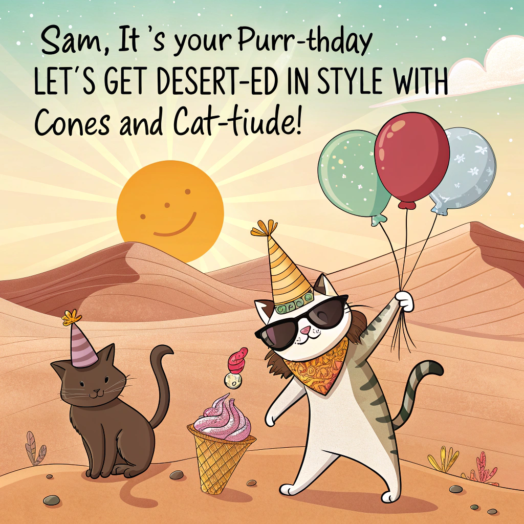 At the top of the image, "Sam, it’s your purr-thday—let’s get desert-ed in style with cones and cat-titude!"

- In the image, show a hilariously exaggerated desert landscape with cartoon-style rolling dunes, a blazing sun wearing sunglasses, and several funky-looking cats having a birthday bash.
- One cat wears a sombrero and rides a sandboard while clutching melting ice cream.
- Another cat is tangled in balloon strings, floating awkwardly above a giant birthday cake precariously balanced on a cactus.
- A third cat lounges under a teeny umbrella with a scoop of ice cream melting all over its furry face.
- Party hats, paw prints in the sand, and sunbathing lizards in confetti hats add to the festive chaos.
- Vultures circle overhead with banners reading “Another life, another birthday!”
- Bright, cheeky cartoon colors with plenty of visual puns and expressive cat faces throughout.
Generated with these themes: Cats in desert with birthday balloons and ice cream .
Made with ❤️ by AI.