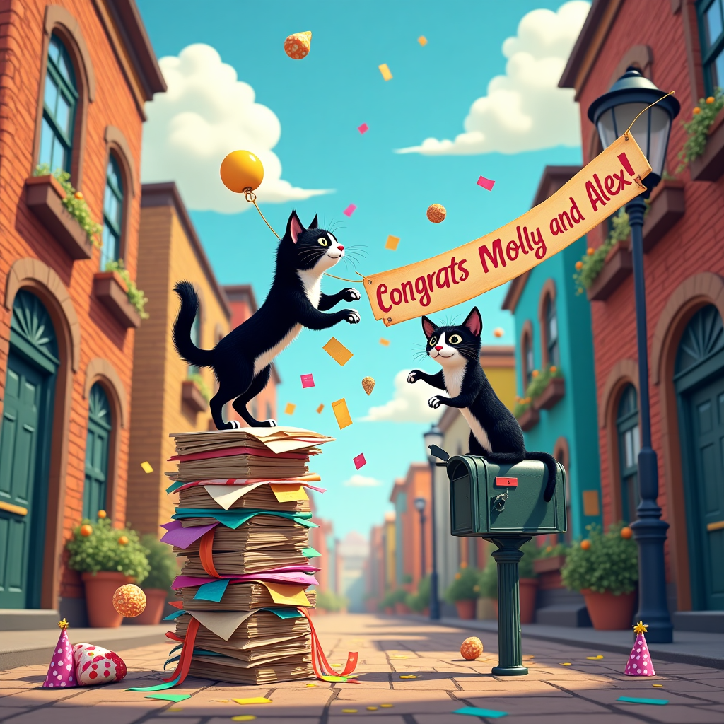 In the vibrant and bustling alleyway of a whimsical little town, two black and white cats named Chester and Whiskers are caught in a humorous scenario that perfectly encapsulates their playful personalities. Chester, the more adventurous of the duo, is precariously balanced atop a stack of congratulatory letters and envelopes, his paws delightfully tangled in vibrant ribbons and shiny confetti that cascade to the ground. Whiskers, ever the mischief-maker, is perched on a nearby mailbox, playfully batting at a banner strung between two street lamps. The banner, made of colorful patchwork fabric, proudly reads "Congrats Molly and Alex!" in large, quirky letters that seem to dance in the breeze. Surrounding the cats, the cobblestone street is peppered with party hats, streamers, and an assortment of balloons that have escaped their strings and now float whimsically in the background sky. The scene is framed by quaint brick buildings, each window displaying cheerful plants and charming curiosities. Above it all, a clear blue sky serves as the perfect backdrop, where fluffy clouds seem to drift by, mirroring the cats' playful antics below. The entire scene is filled with elements of joy and celebration, capturing the essence of congratulating Molly and Alex on their noteworthy achievement.
Generated with these themes: Two black and white cats.
Made with ❤️ by AI.