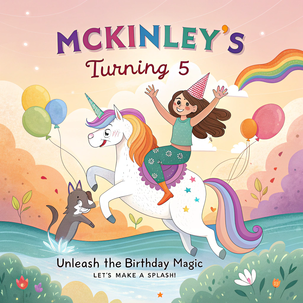 At the top of the image, "McKinley's Turning 5😭":

At the bottom of the image, "Unleash the Birthday Magic – Let's Make a Splash!"

- In the center of the image, create a whimsical scene featuring a joyful unicorn and a mermaid riding together on a magical, flying horse. Below them, a playful cat and dog wave excitedly from a cloud, celebrating with confetti and balloons, all set against a warm, colorful sky.
Generated with these themes: Unicorn, Mermaid, Horse, Cat, Dog, Flying, and .
Made with ❤️ by AI.