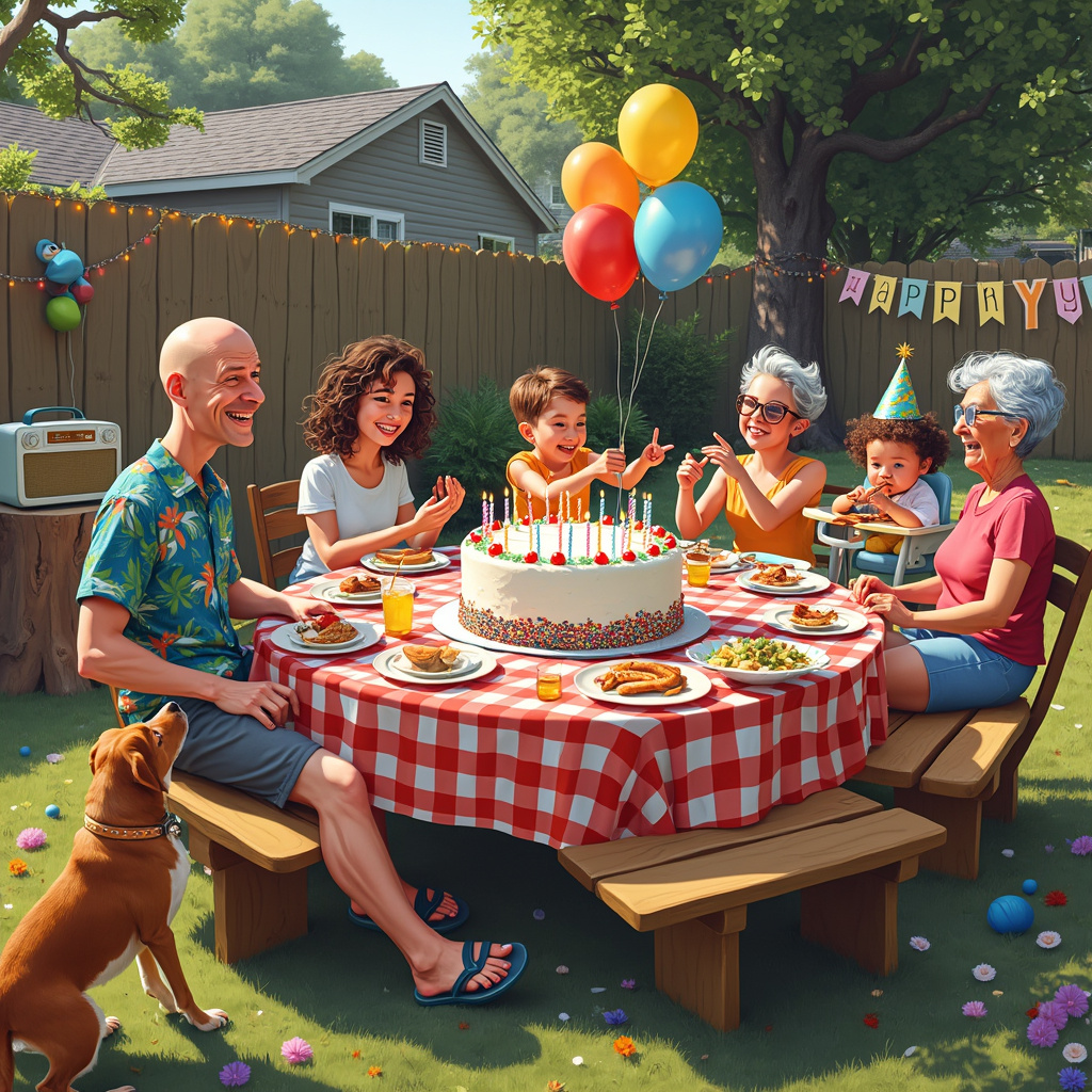 Imagine a cozy suburban backyard on a bright, sunny afternoon. In the center of the scene, there’s a large, round wooden picnic table covered with a vibrant checkered tablecloth in red and white. A hodgepodge of plates filled with different dishes and drinks occupies the table, giving it a festive look. At the head of the table, a large, realistic birthday cake towers, adorned with rainbow sprinkles and a comically exaggerated number of candles. 

Around the table, family and friends are seated, each with unique and expressive faces. On the left, a bald man in a Hawaiian shirt and flip-flops is laughing uproariously, his belly shaking, while his wife, a woman with wild, curly hair and glasses, is caught mid-eye roll, but with a smile on her lips. To the right, a teenager with a shock of blue hair and earbuds hanging from her neck is trying to snap a selfie with her grinning grandmother, who’s wearing a party hat and oversized sunglasses. 

In the foreground, a dog is seen on its hind legs, eagerly eyeing a sausage dangling from a toddler's hand who is sitting on a booster seat, eyes wide with excitement. The toddler's high chair is festooned with colorful balloons, one of which is shaped like a cartoonish unicorn.

Behind this central scene, a group of kids is playing a game of tug-of-war, the rope stretched taut between two uneven teams, their faces showing the strain and thrill of the contest. To the right, a slightly tipsy uncle with a receding hairline and a silly grin is attempting to juggle three brightly colored balls, much to the amusement of the circle of clapping children around him.

In the background, a large, weathered wooden fence is adorned with strings of fairy lights and handmade banners that read "Happy Birthday!" in multicolored letters. There’s a corner where an old-fashioned radio is perched on a tree stump, blasting out classic rock tunes, and next to it, an elderly woman with a cane is tapping her foot to the beat, a twinkle in her eye.

Everywhere you look, there are details that add to the realism and humor of the scene: a cat lazily lounging on the grass, a misplaced garden gnome, a spilled drink on the table with ants starting to congregate, and a mischievous child trying to peek into the gift pile under the tree. This lively and chaotic birthday scene tells a story of togetherness, joy, and the humorous unpredictability of family gatherings.
Generated with these themes: Family and Friends.
Made with ❤️ by AI.