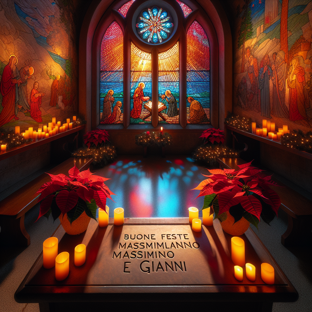 Inside a dimly lit chapel, with stained glass windows depicting the nativity, candles flicker casting dancing shadows along the walls. In the forefront, a wooden bench holds a carved sign that reads 'BUONE FESTE Massimiliano e Gianni', framed by two poinsettias in full bloom.
Generated with these themes: architecture.
Made with ❤️ by AI.