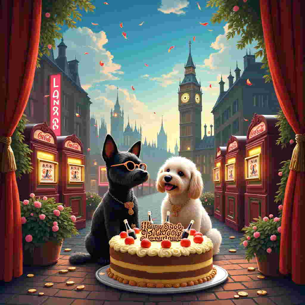 Picture a bustling scene set against the iconic London skyline, with Big Ben peeking through a whimsical, enchanted forest that seems to have sprung up amidst the city. The streets are lit with neon signs reminiscent of the Vegas strip, twinkling with images of slot machines adorned with tiny silhouettes of Beauty and the Beast dancing in the lights. In the foreground, a delightful miniature theatre stage has been set up on a cobblestone street, complete with ornate velvet curtains and tiny footlights. The stage is a tribute to Beauty and the Beast, with characters made from chocolate, a nod to Leonchae's sweet tooth. 

Front and center, two fluffy Bichon Frises, Millie and Lola, dressed in sparkling costumes, are gleefully playing around a giant birthday cake. The cake is extravagantly topped with cream cakes, each one a nod to London's classic afternoon tea, and adorned with tiny figurines of the characters from Disney, all holding tiny bottles of Coca-Cola. The words "Happy 50th Birthday, Leonchae!" are written across the cake in swirling letters made from dark chocolate curls.

Amidst this scene, Leonchae herself appears as a charmingly rendered caricature, sitting on a London-style bench, dressed in her signature black attire with chic glasses perched on her nose, sharing a joyful moment with her furry companions. Her pear-shaped figure is embraced by the colorful chaos of the scene, surrounded by a playful storm of confetti and miniature chocolate coins cascading down from the heavens like a celebratory shower.

The sky is a brilliant canvas of colors, with Leonchae’s name painted among fluffy clouds that seem to sparkle with the glint of a thousand little stars, casting a gentle glow over the entire scene. The skyline, dogs, treats, and theater all come together to craft a jubilant, detailed narrative celebrating Leonchae's milestone birthday.
Generated with these themes: Vegas, Disney, Her 2 female bichon frise dogs, Millie & Lola, She is 50, she wears black, she wears glasses, she is pear shaped, Cream cakes, Coca cola in small glass bottles, London, Beauty & the beast, The theatre, Chocolate, and .
Made with ❤️ by AI.