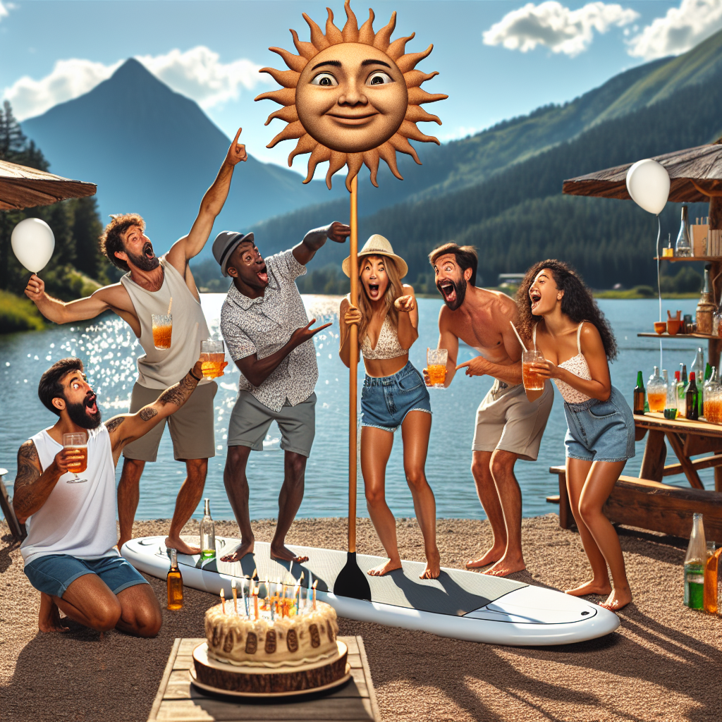 Create a comical birthday scene featuring an ethnically diverse group of friends and family, both males and females, outdoors on a sunny day near the mountains. The image shows them paddle boarding on a lake, having amusing, exaggerated expressions as they playfully splash each other, all while balancing glasses of alcohol on their boards. The sun in the sky is personified, smiling warmly at the scene below. In the backdrop, a beautiful panorama of a mountain range unfolds. On the lakeside, there's a relaxed birthday party ambiance, complete with a rustic-themed cake, beverages, balloons, and cheerful toasts being made.
Generated with these themes: Paddle boarding, Mountains, Alcohol, Family, Outdoors, The sun , and Friends.
Made with ❤️ by AI.