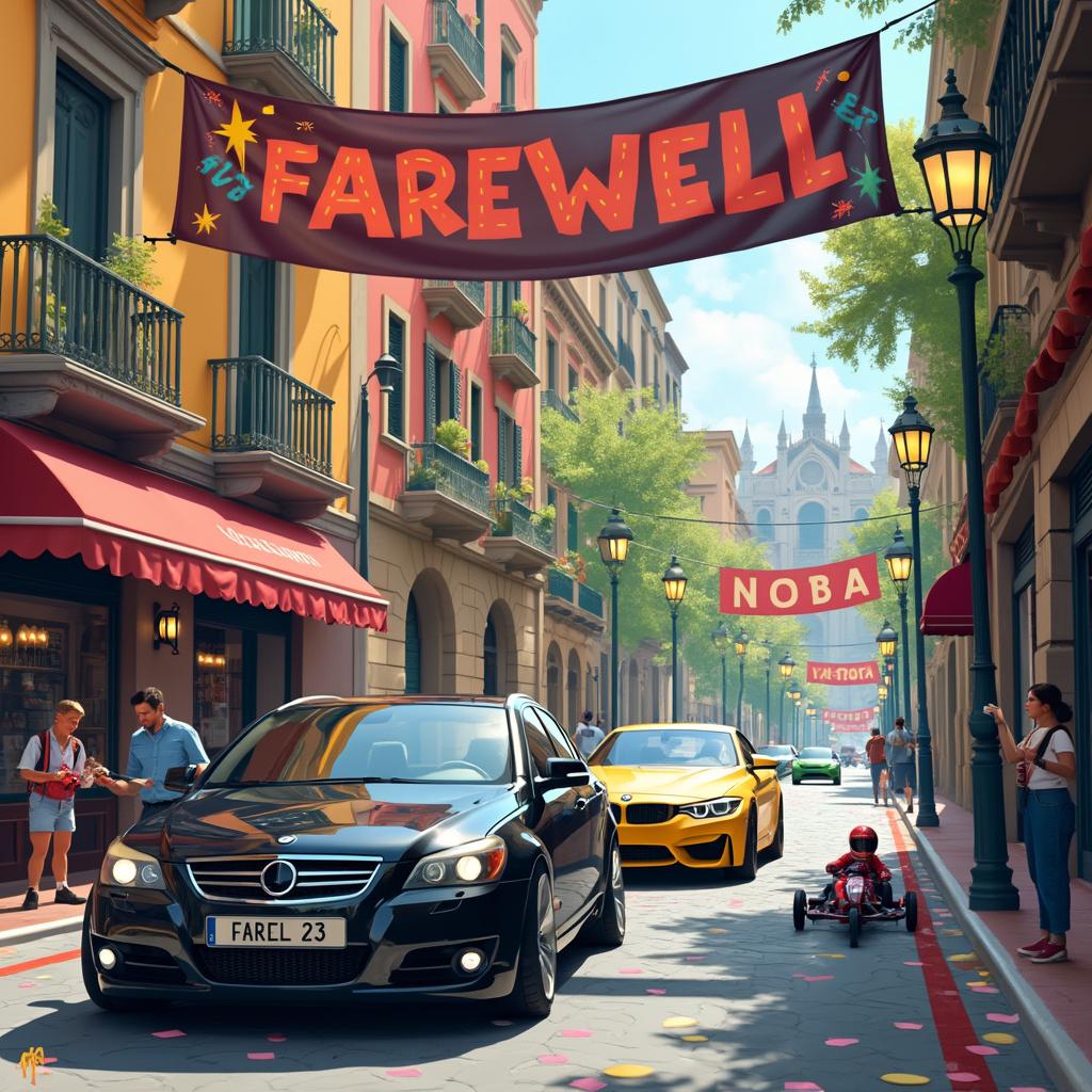 In the vibrant streets of Barcelona, where iconic landmarks like La Sagrada Familia and the Gothic Quarter set the backdrop, two fast cars race through the colorful scenery. A sleek metallic red Vauxhall Vx220 zooms past a traditional tapas bar, its aerodynamic body and tinted windows capturing the attention of onlookers. Nearby, a jet-black BMW e46 is parked by a street artist who is painting a vibrant mural, its polished finish shining under the sun, and adorned with the license plate "FAREWELL 23."

As the excitement builds, a winding go-kart track has been set up on the cobblestone streets, drawing enthusiastic racers. One bright yellow go-kart features a driver in a blue helmet with white stripes, their speedometer clearly maxed out. In contrast, a cheerful driver in a green kart grips the steering wheel tightly, their red helmet decorated with flame decals, showcasing a big smile as they navigate the twists and turns of the track.

Above them, a farewell banner hangs between two lampposts, boldly proclaiming "¡Adiós y buena suerte!" The banner, adorned with colorful font, is surrounded by confetti that falls gently to the ground, while balloons in red, yellow, and blue are tied to the lampposts, adding to the festive atmosphere of this bustling scene.

Generated with these themes: Fast cars, Go-karting, Barcelona, Vauxhall Vx220, and BMW e46.  
Made with ❤️ by AI.