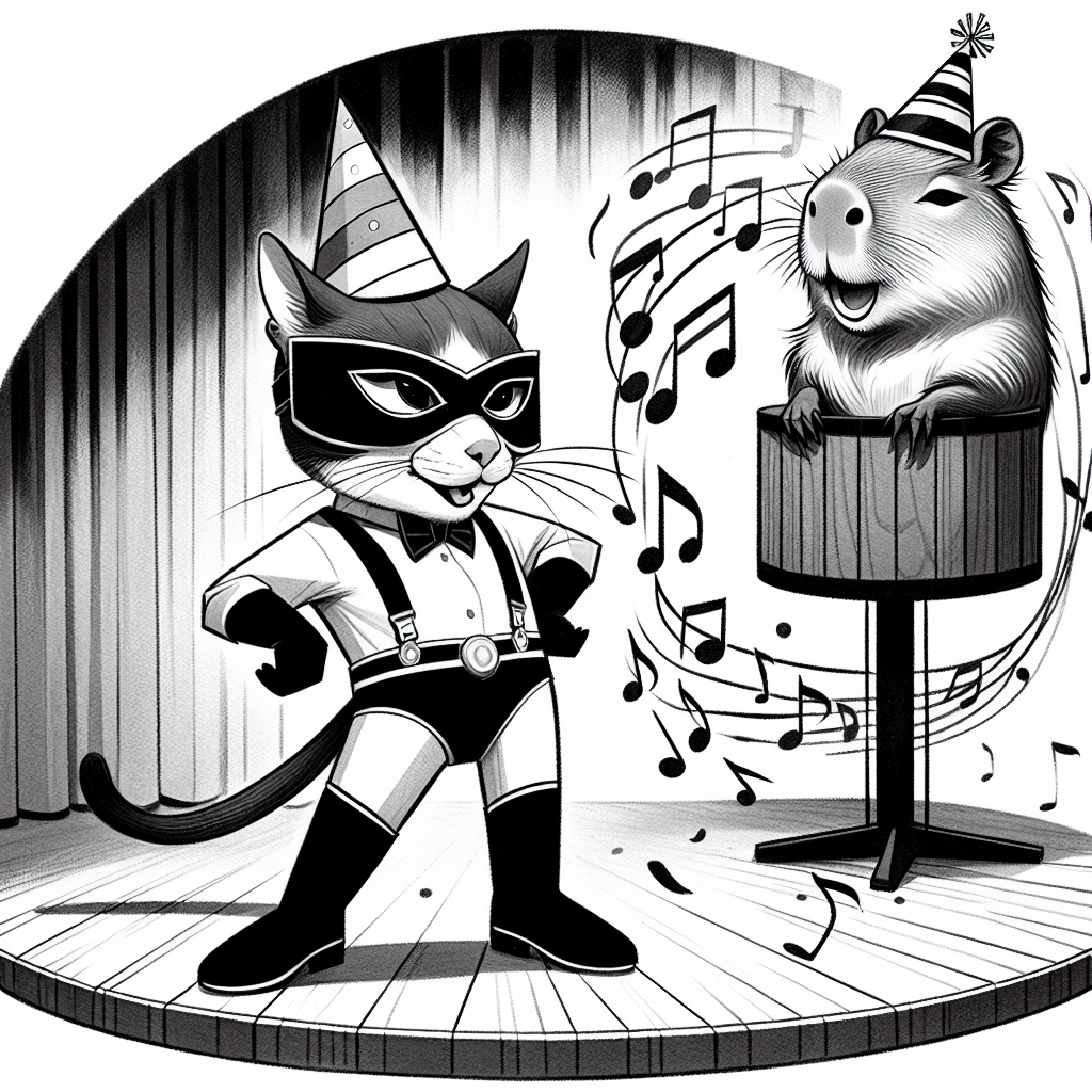 A whimsical birthday illustration displays a monochrome feline outfitted in a generic superhero costume, complete with a mask, taking on a playful stance. Adjacent to the feline is an entertained capybara donned in a birthday hat, seemingly enthralled by the musical notes floating around them in a swirl. The setting is a stage, highlighting that the musical theme is central, and crafting a jovial and humorous ambiance.
Generated with these themes: Black and white cat, Marvel, Capybara , and Musicals.
Made with ❤️ by AI.